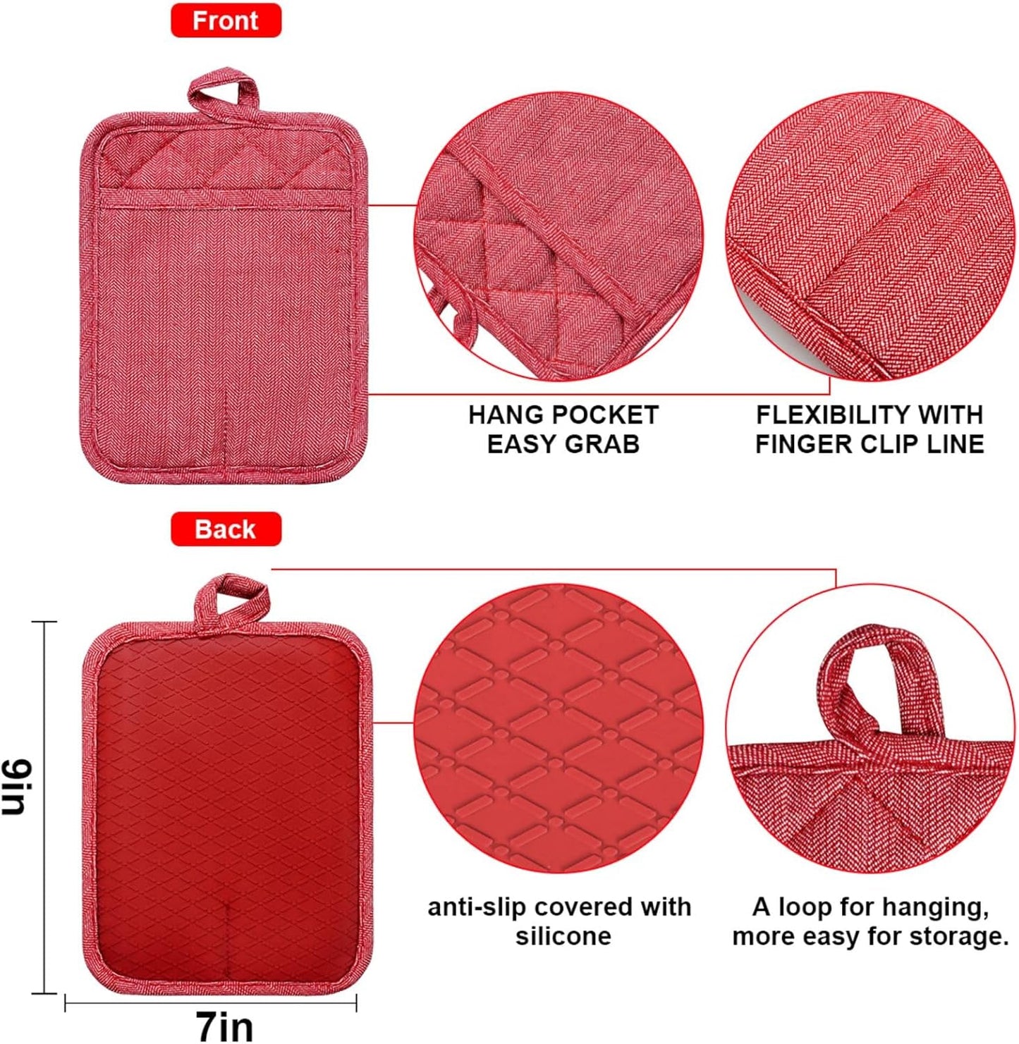 Pot Holders Yarn-Dyed Set of 3 Non Slip Silicone Kitchen Lines Heat Resistant 500℉ Kitchen Gloves BBQ Cooking Baking Cooking Barbecue Microwave Machine Washable (Red Pot Holders)