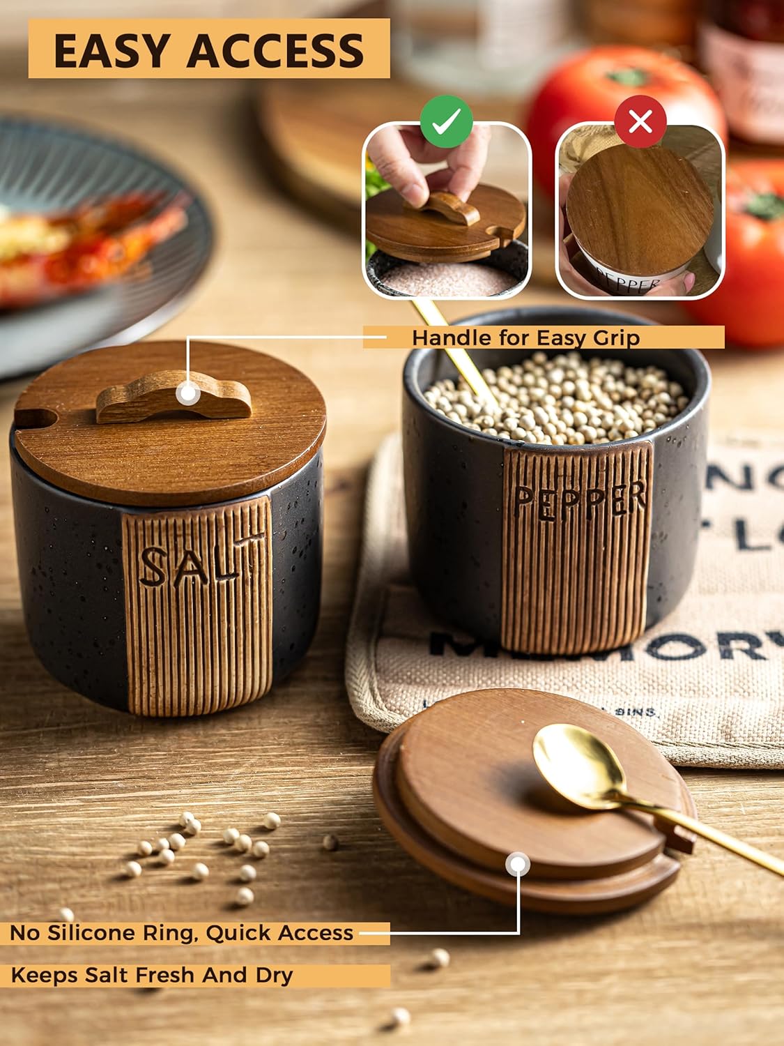 Salt and Pepper Bowl, Ceramic Salt Containers for Countertop, Salt and Pepper Cellar with Lid and Spoons, Black