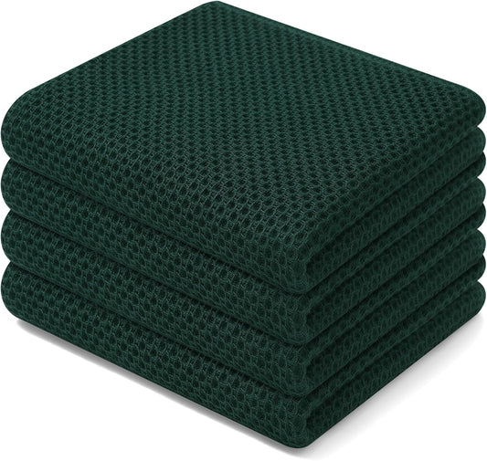 Homaxy 100% Cotton Waffle Weave Kitchen Dish Towels, Ultra Soft Absorbent Quick Drying Cleaning Towel, 13 x 28 Inches, 4-Pack, Blackish Green