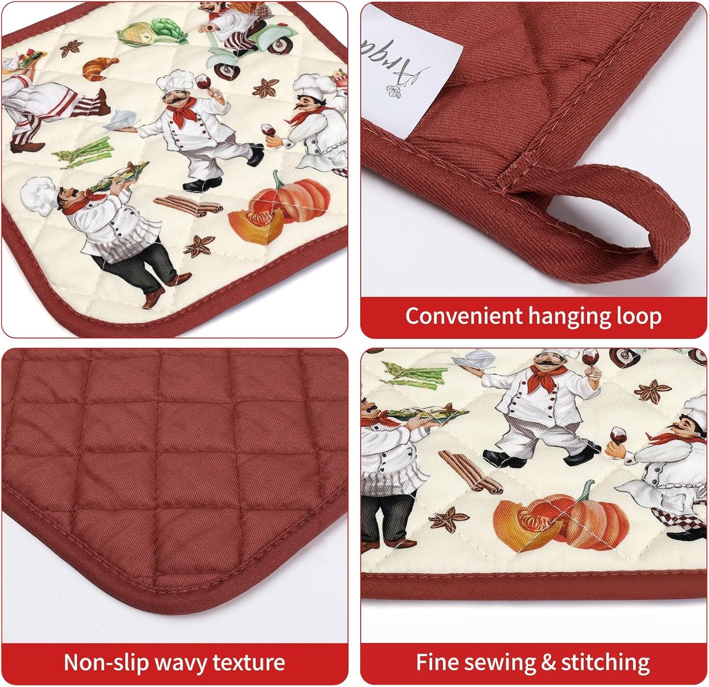 Chef Oven Mitts and Pot Holders Sets 4Pcs, 100% Cotton Heat Resistant, Extra Long Oven Gloves Potholder for Kitchen Cooking Baking Decoration