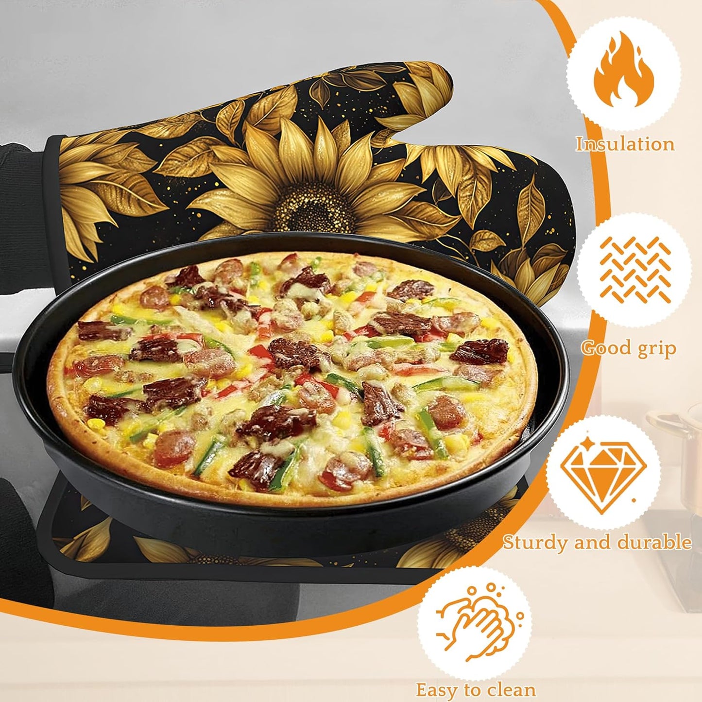 Vintage Sunflower Oven Mitts and Pot Holders,Sparkling Heat Resistant Oven Mitts Gloves and Pot Holder for Home Kitchen Decorations Cooking Baking BBQ Gifts,Set of 4