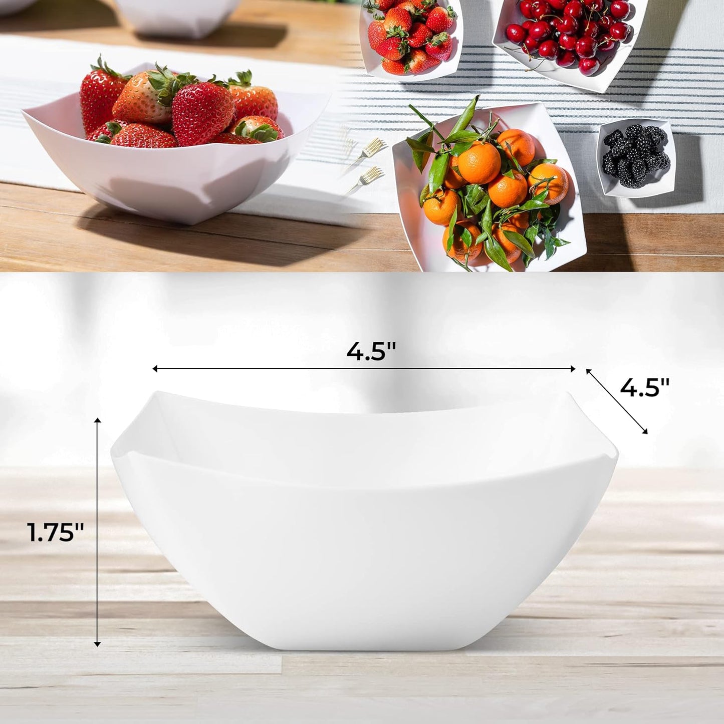 Posh Setting - White Plastic Serving Bowls for Party (8oz - 4 Pack) Square, Disposable, Salad & Fruit Bowls for Party Table, Candy Containers for Candy Buffet
