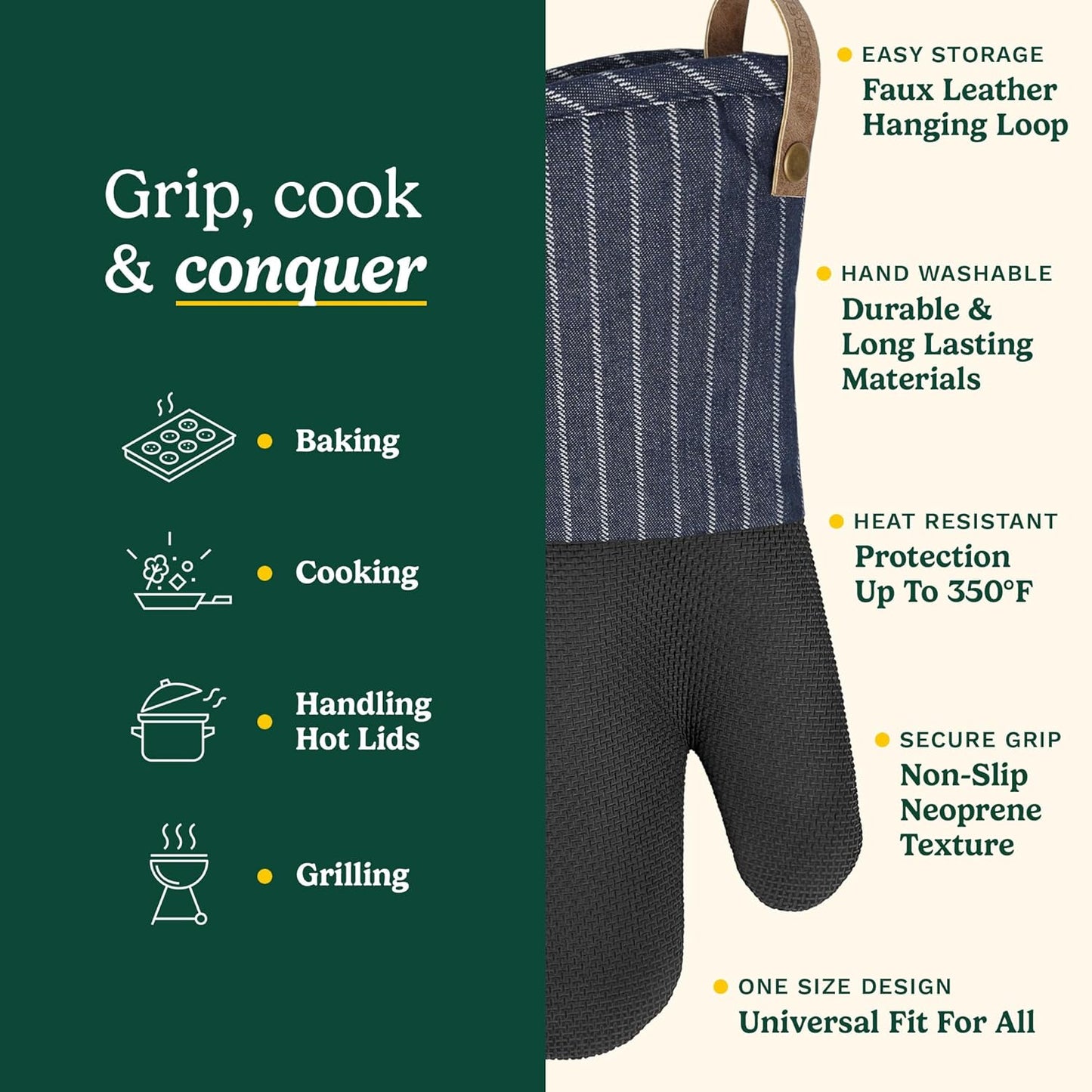 Cuisinart Heritage Kitchen Oven Mitts – Heat-Resistant Kitchen Mitts for Oven with Non-Slip Neoprene Palm, Long Cuff, and Cotton Filling – Durable Oven Gloves for Cooking, Baking, & Grilling