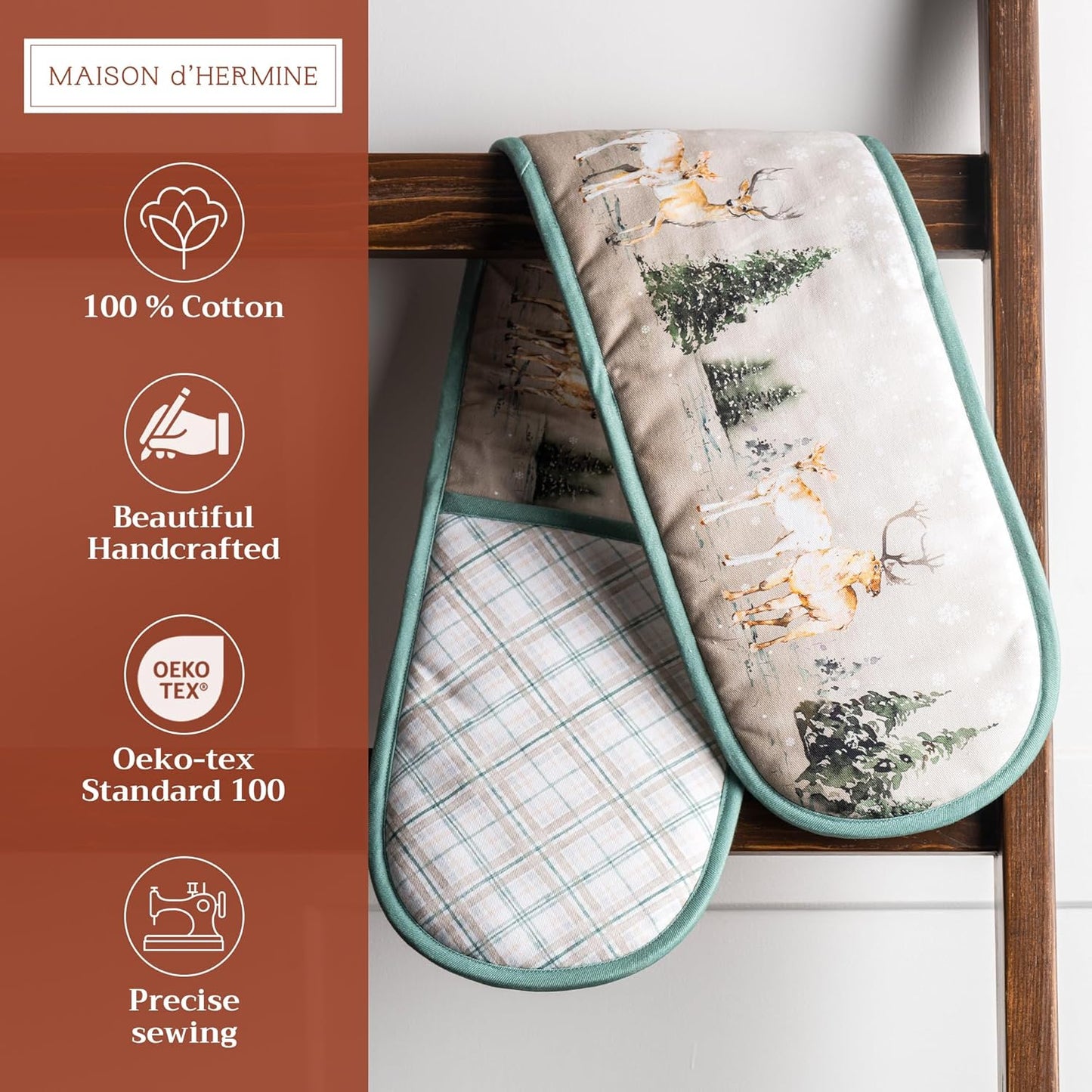 Maison d' Hermine Double Oven Mitt 100% Cotton Heat Resistant Cooking Gloves with Loop, Baking Barbeque, Handling Hot Pan, Deen in The Woods - Thanksgiving/Christmas (7 Inch x 35 Inch)