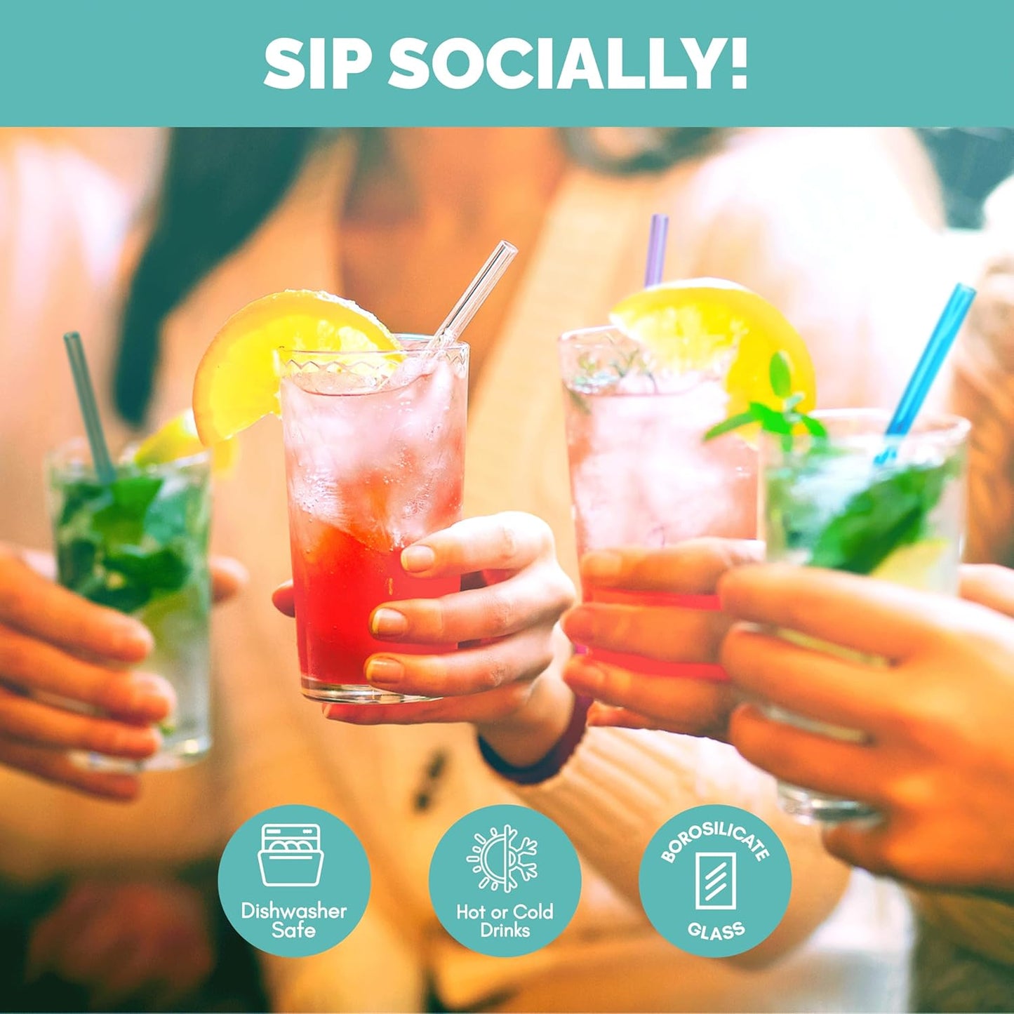 Simply Straws 6 Inch Skinny Glass Straws (6-Pack) - Reusable Cocktail Straws for Mixed Drinks, Low Balls, Coffee & Tea, with Cleaning Brush – Dishwasher Safe, Hot & Cold Use, BPA-Free (Air)