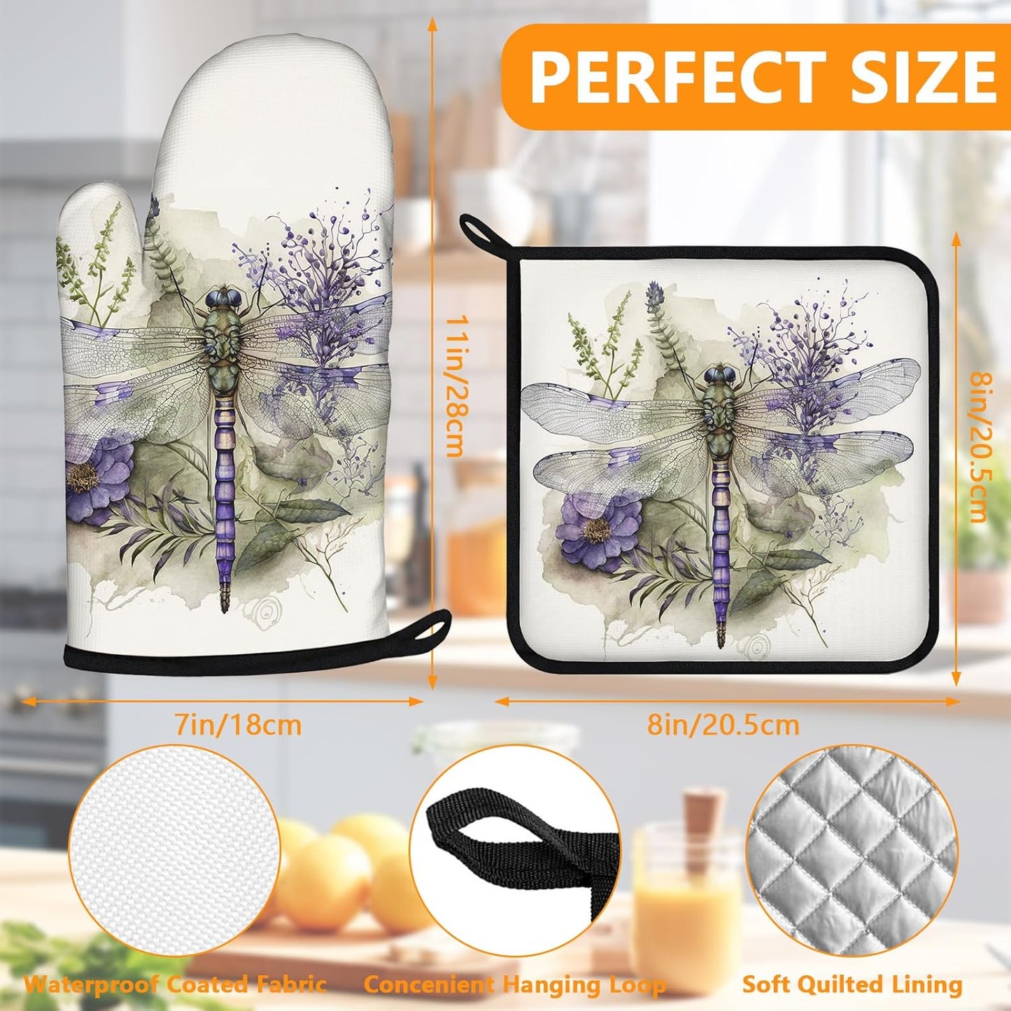 Dragonflies Oven Mitts and Pot Holders Sets 4Pcs,Extra Long Oven Gloves Potholder for Kitchen Cooking Baking BBQ 100% Cotton Heat Resistant