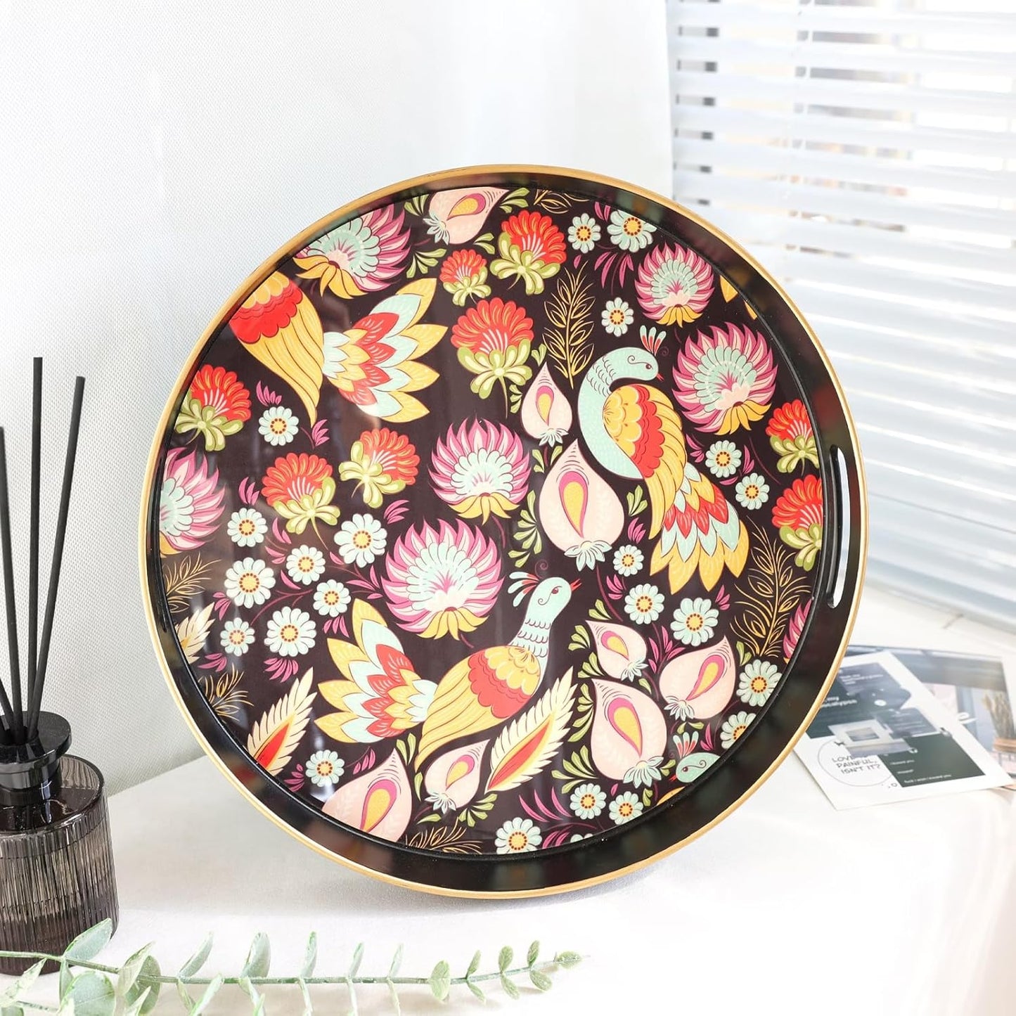 Spsyrine Decorative Serving Tray with Handles, Lacquered Coffee Table Tray for Ottoman, Round Waterproof Platters for Centerpieces, Parties, Living Room, Kitchen Counter Organization Peacock