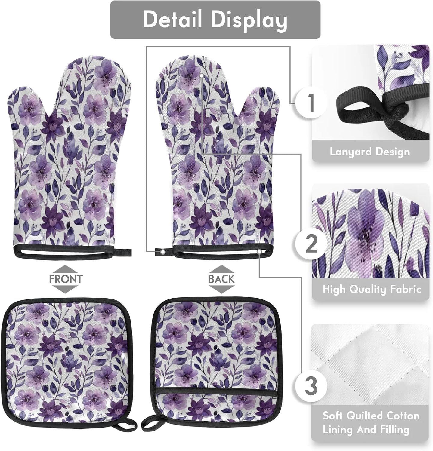 Flower Oven Mitts and Pot Holders Sets, 2 Pcs Purple Floral Decorative Kitchen Oven Glove for Cooking