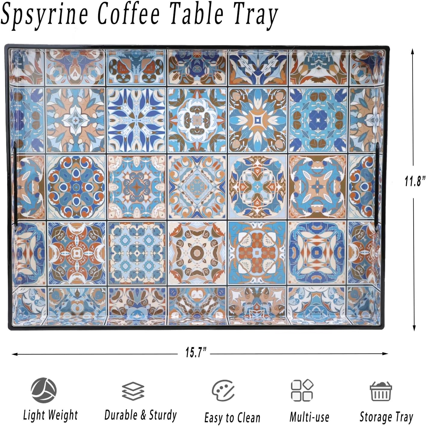 Spsyrine Serving Tray with Handles, Plastic Decorative Tray for Coffee Table, Living Room, Home Decor,Boho