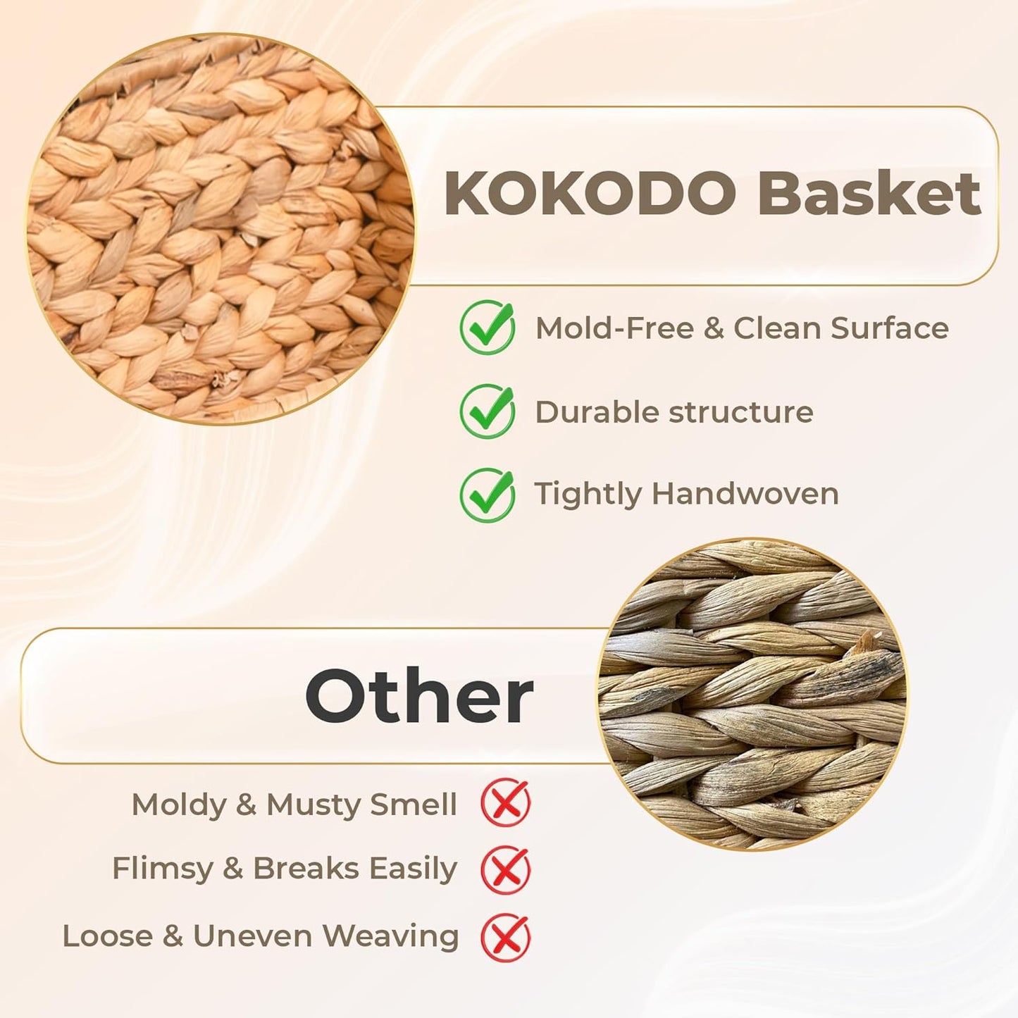 KOKODO Large Rectangular Water Hyacinth Wicker Storage Baskets with Lid, Handles and Built-in Metal Frame, Stylish and Durable Handwoven Bin Perfect for Space-saving Shelves and Room Organizing