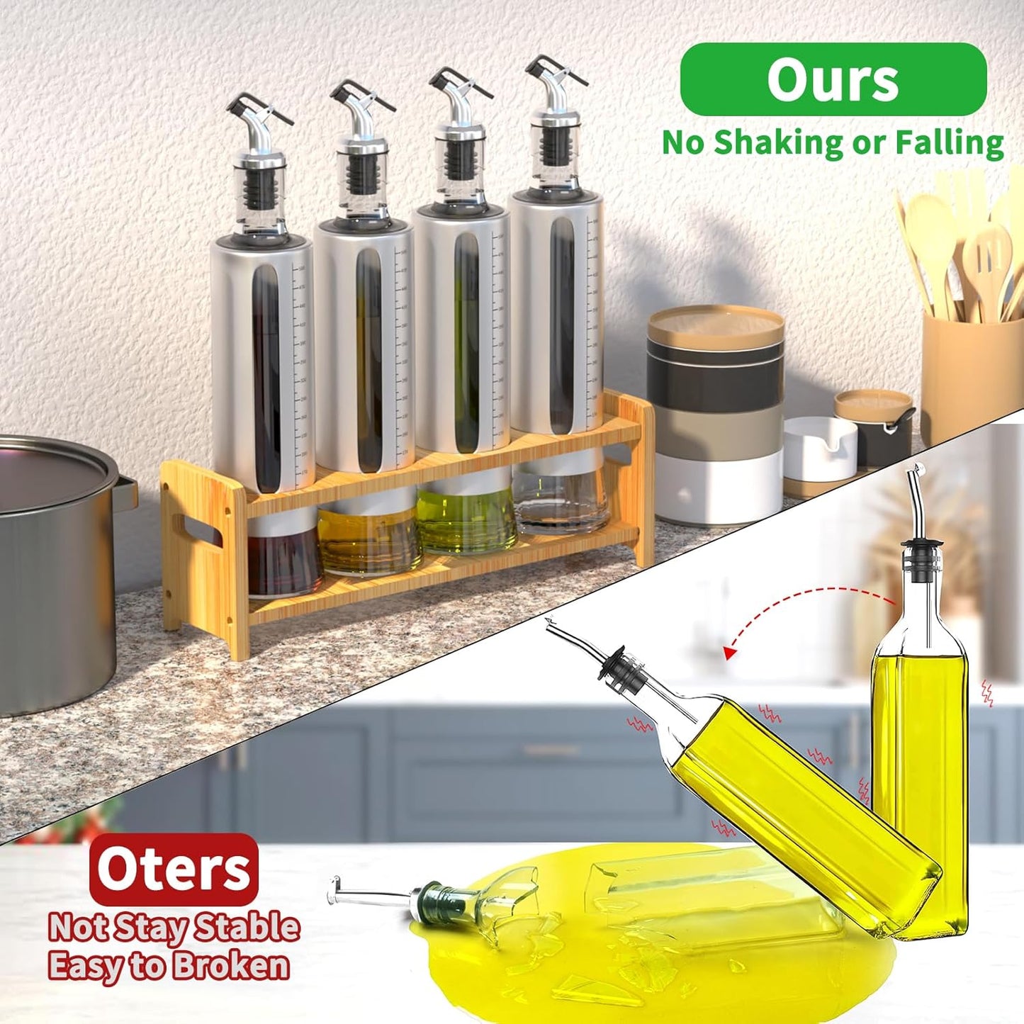 Oil Dispenser Bottle, 4 Pack Glass Olive Oil Dispenser Bottle with Shelf, 17oz/500 ml Oil and Vinegar Dispenser Set Wrapped in Stainless Steel Shell with Pourers, Funnel & Pen and Tags