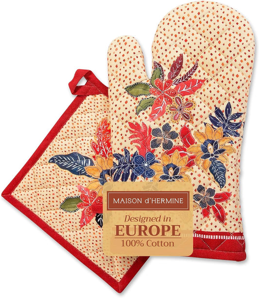 Maison d' Hermine 100% Cotton Oven Mitt & Pot Holder Set (7.5"x13" & 8"x8") Heat Resistant BBQ Cooking Gloves with Loop, Baking, Grilling, Kitchen, Handling Hot Pans (Kalahari)