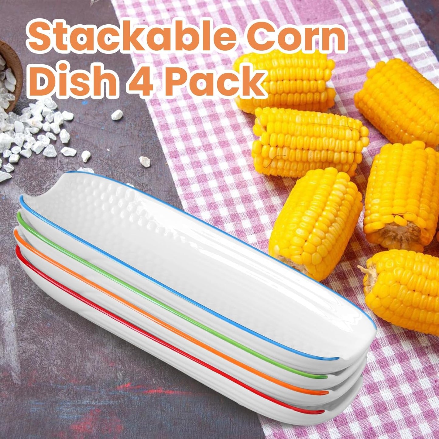 Cinf Colorful Side Ceramic Corn Cob Holders 8.8" Corn Dishes Set of 4, White Dishes Non-slip Bottom Microwave Dishwasher Oven Safe