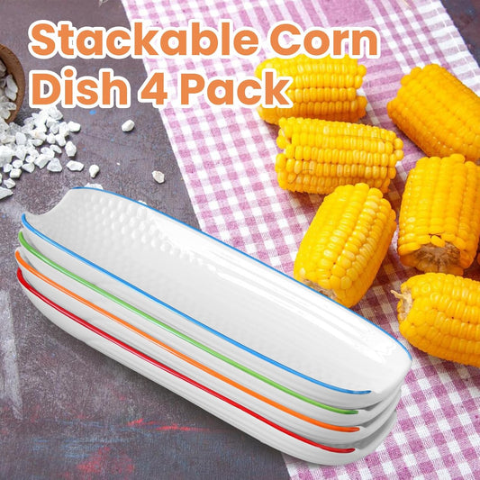 Cinf Colorful Side Ceramic Corn Cob Holders 8.8" Corn Dishes Set of 4, White Dishes Non-slip Bottom Microwave Dishwasher Oven Safe