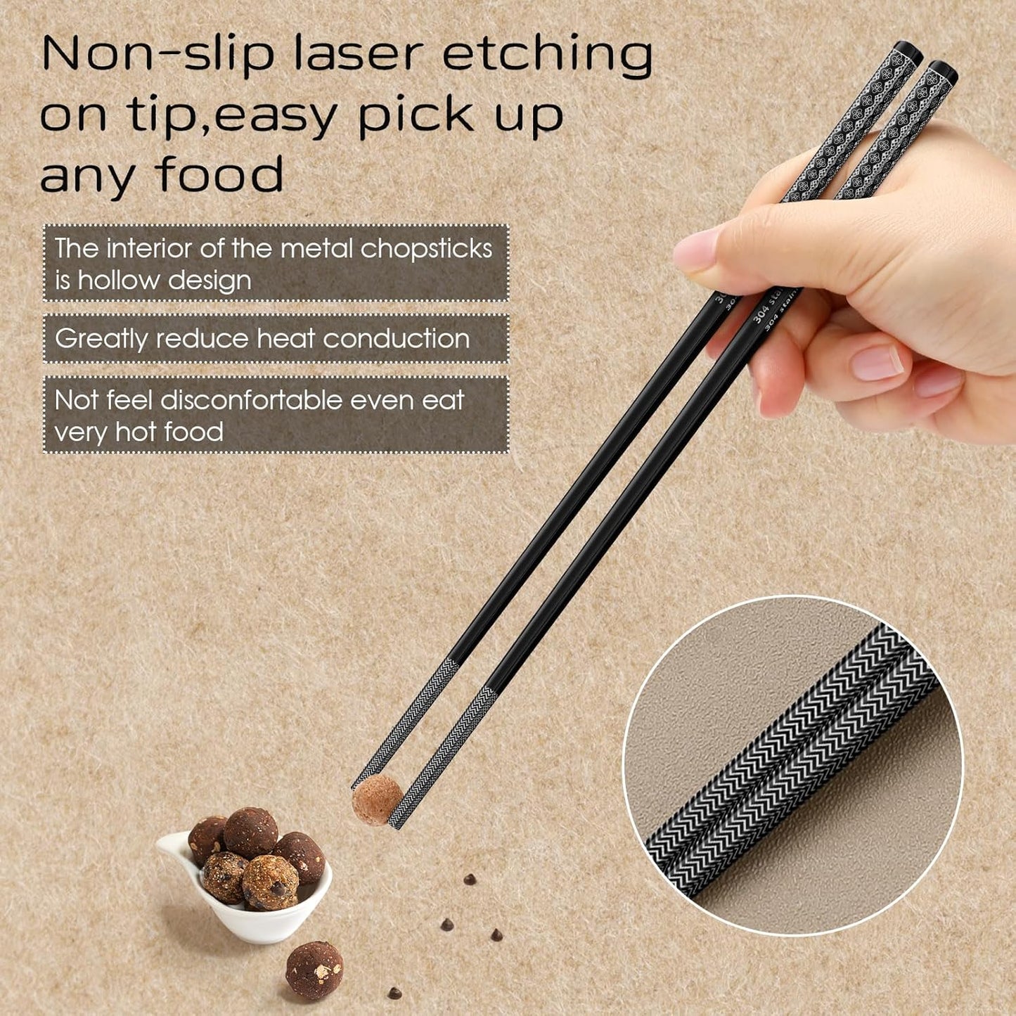 8 Pairs Metal Chopsticks Reusable Black Stainless Steel Chopsticks Set Laser Engraved Non-slip Japanese Korean Chinese Chopstick for Cooking Eating Dishwasher Safe 9.25" Chop Sticks Gift Set