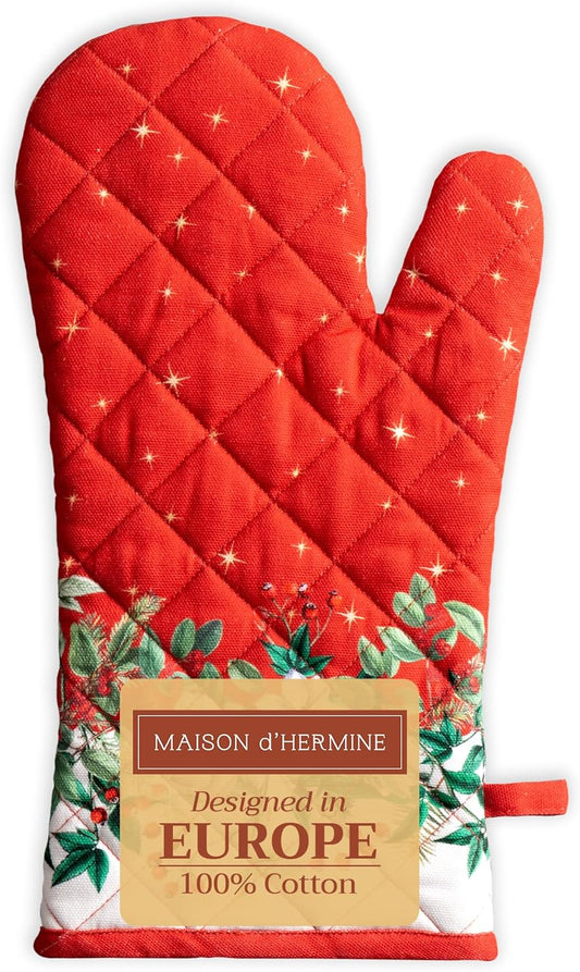 Maison d' Hermine Oven Gloves 100% Cotton Oven Mitt 7" x 13" with Loop Heat Resistant, BBQ, Cooking Gloves, Baking, Grilling, Kitchen, Handling Hot Pans (Pack of 1, Noel)