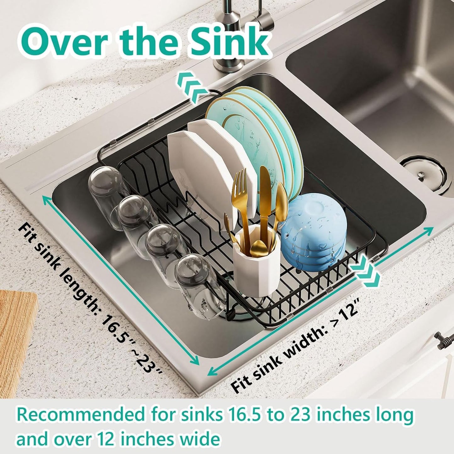 Dish Drying Rack in Sink Expandable Stainless Steel Kitchen Dish Drainer with 4 Cup Holders, Black