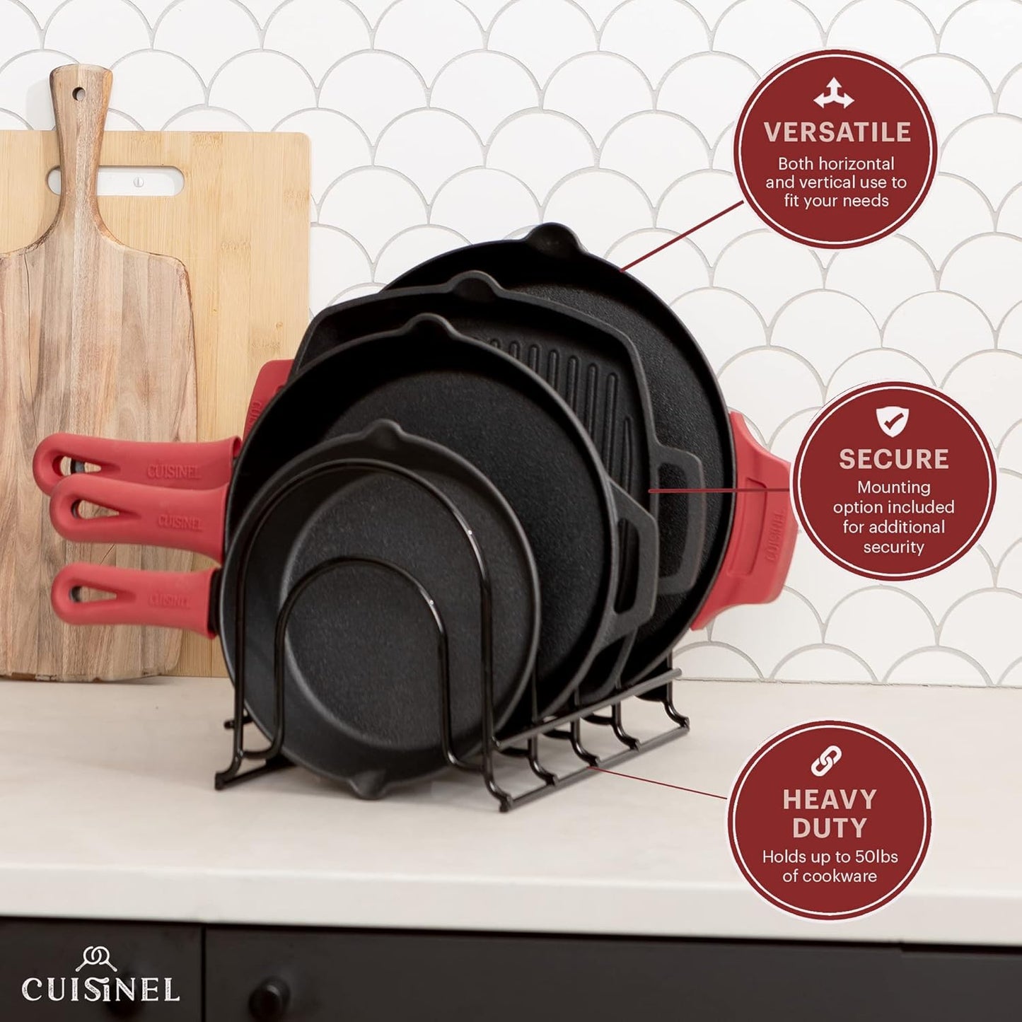 Cuisinel Pots and Pans Organizer - 15" Heavy Duty Skillet Rack - 2 Pack - Kitchen Counter/Cabinet Organization Storage - Holder for Cookie Sheet, Cutting Board, Cast Iron Cookware, Dish, Lid Stand