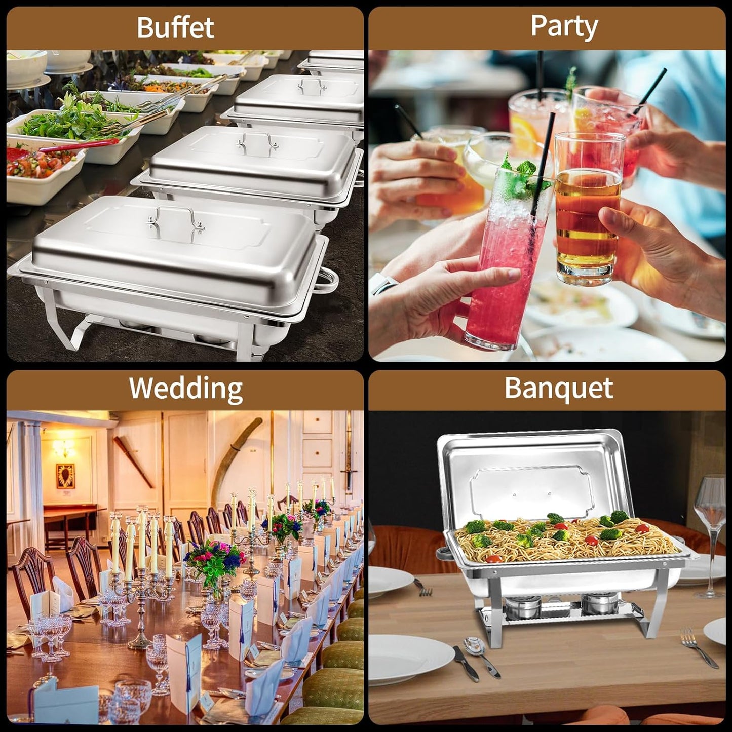 8 Qt 4 Pack Full Size Stainless Steel Chafing Dishes Buffet Set, Silver Rectangular Catering Chafer Warmer Set with Trays Pan Lid Folding Frame Stand for Kitchen Party Banquet Dining