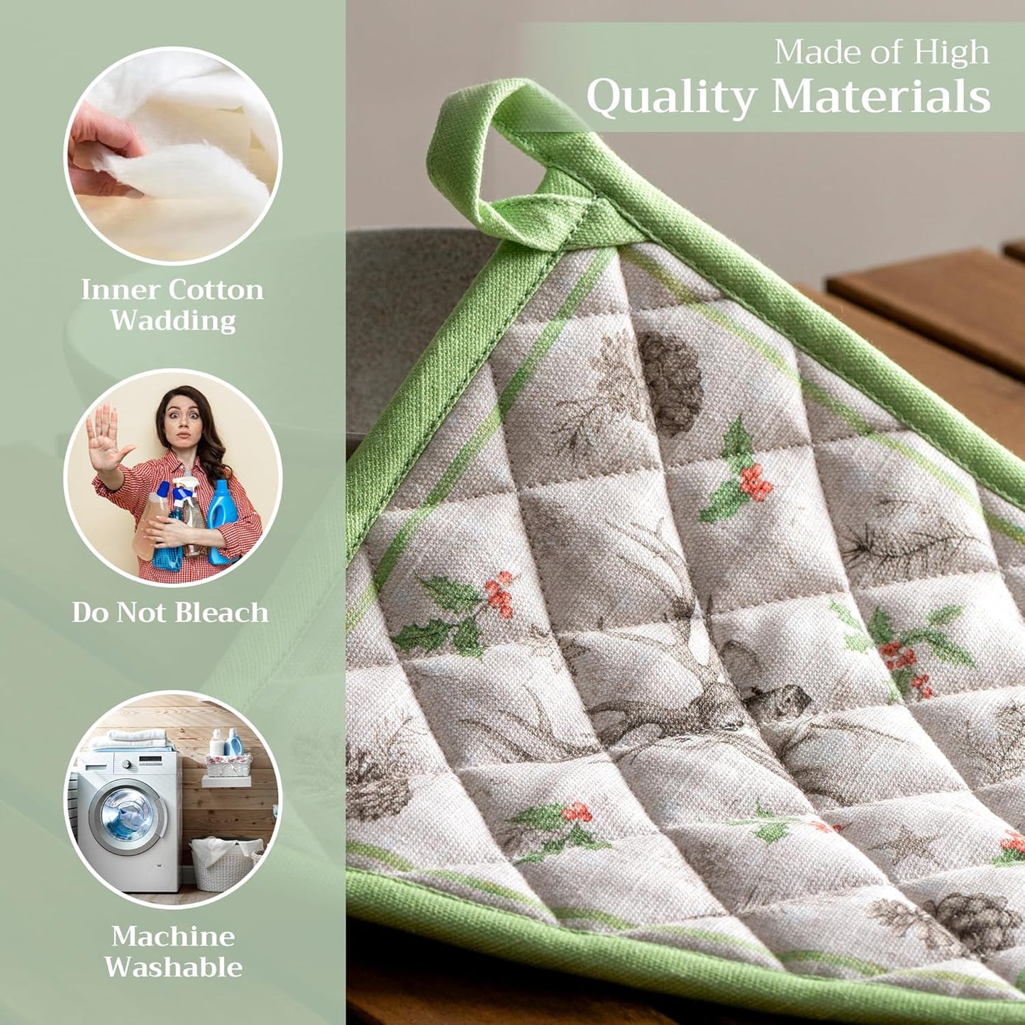 Maison d' Hermine Pot Holders 100% Cotton Heat Resistant Potholders 8" x 8" Hot Pads with Loop BBQ, Cooking, Baking, Grilling, Kitchen, Handling Hot Pans (Pack of 1, Christmas Dew)