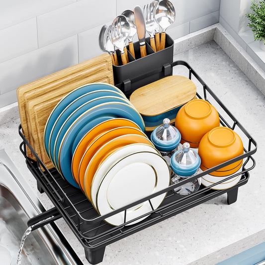 Dish Drying Rack for Kitchen Counter, Space-Saving Dish Rack, Multifunctional Dish Drainer Rack, Sink Kitchen Dishes Strainer, Dryer Rack with Drain Board, and Cutlery Holder,Small Size Black