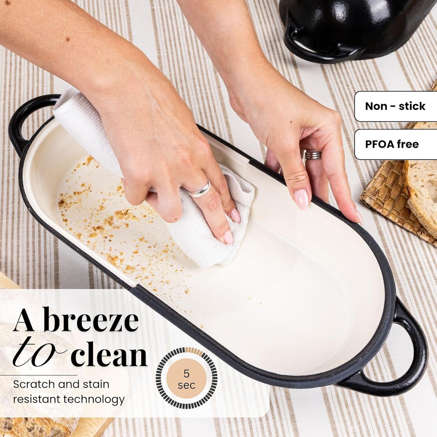 Enamelled Cast Iron Bread Loaf Pot – Dutch Oven For Sourdough Bread Baking – Oven Safe Non Stick Bread Pot – Rectangular, Black, 34cm x 16cm – by Nuovva