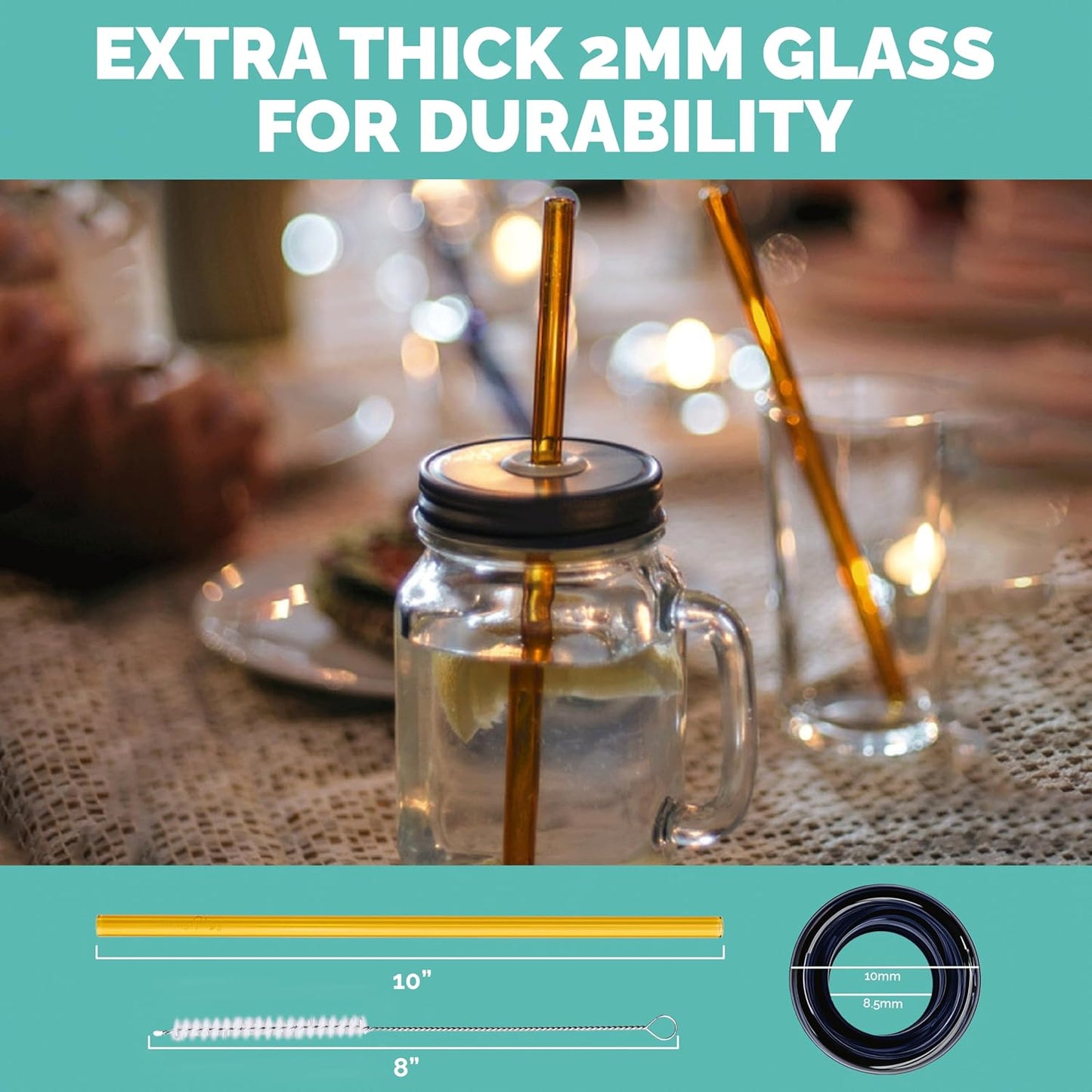 Simply Straws 10 Inch Glass Straws Straight (6-Pack) – Reusable Glass Straws for 24 Oz Mason Jars & Tumblers, with Cleaning Brush – Durable, Dishwasher Safe, Hot & Cold Use, BPA-Free (Iridium)