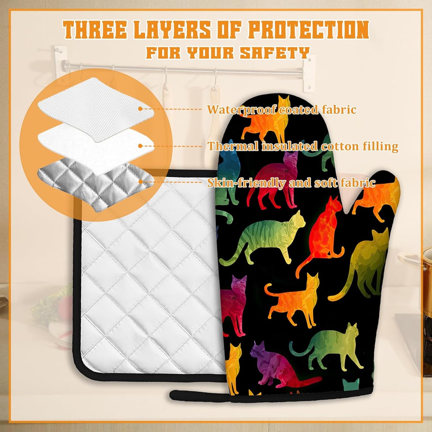 Funny Colorful Cat Oven Mitts and Pot Holders Set,Kitchen Decor Heat Resistant Non Slip Hot Pads and Oven Mitt for Chef Cooking Baking BBQ Mom Girl Gifts(4 Piece Set)