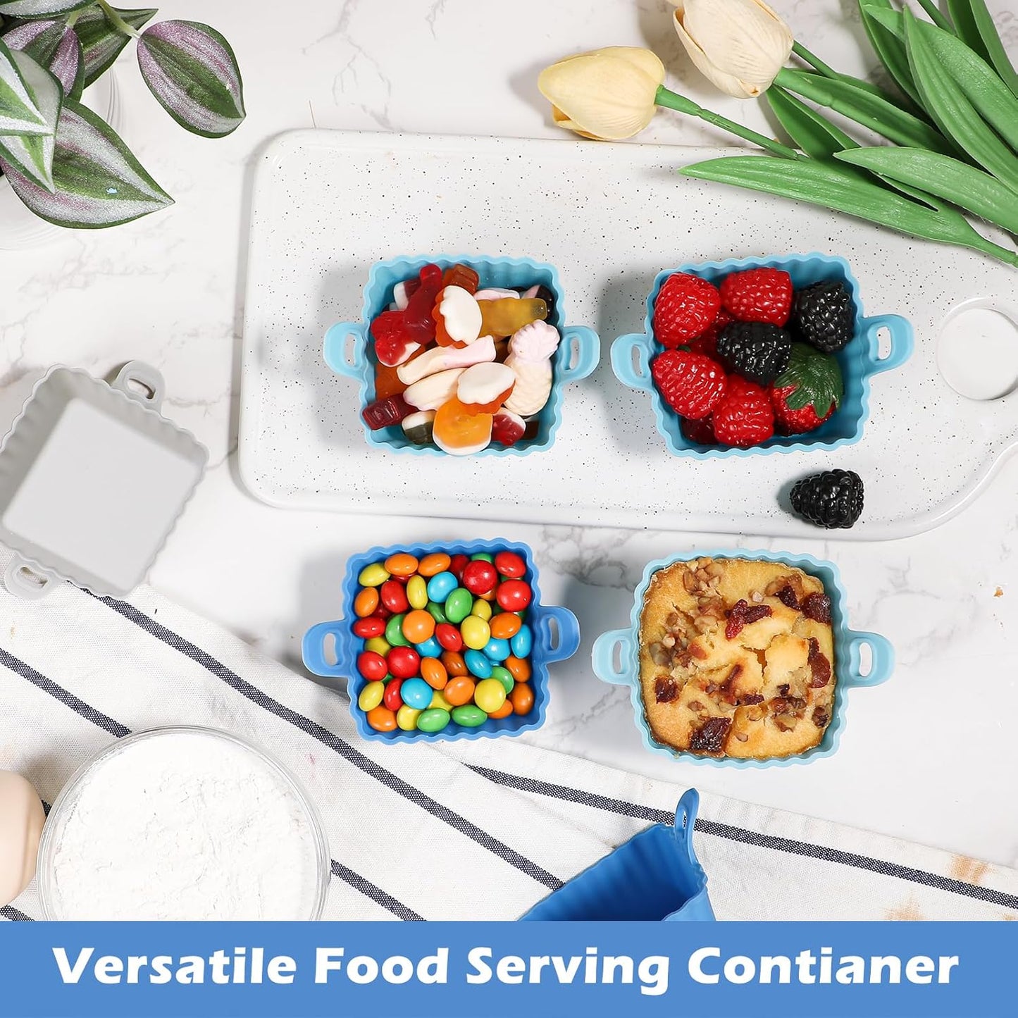 Koluti Reusable Silicone Baking Cups Set of 12, Nonstick Muffin Cupcakes Mold with Double Handle, BPA Free, Mini Square Air Fryer Cupcake Liners, 3 Colors