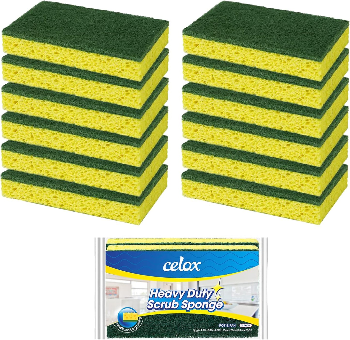 CELOX 12 Pack Dish Sponge for Kitchen, Dual Sided Scrub Heavy Duty, Non Scratch Sponges Perfect for Dishwashing and Household Cleaning, Highly Absorbent and Easy to Dry for Reuse