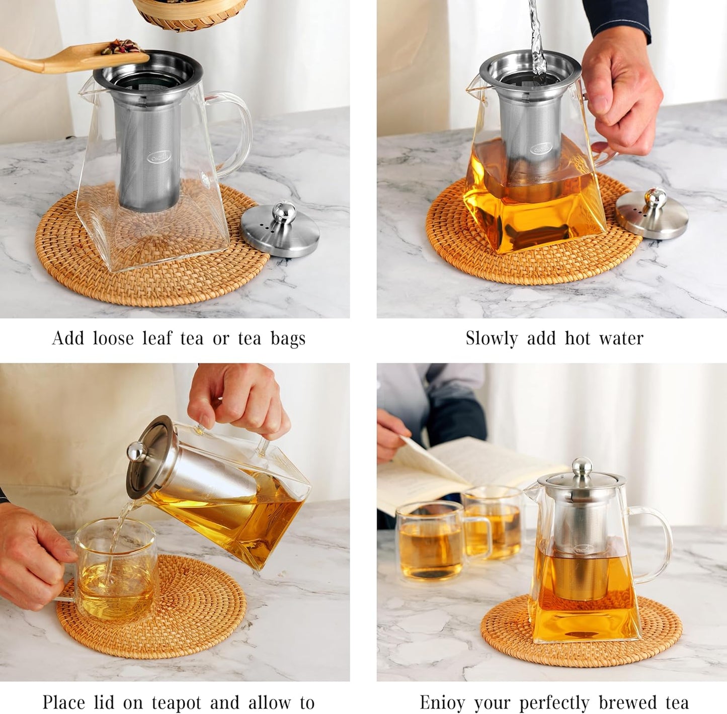 CNGLASS Glass Teapot with Infuser,31oz Clear Glass Tea Kettle with Removable Stainless Steel Strainer,Stovetop Safe Glass Teapot for Blooming and Loose Leaf Tea…