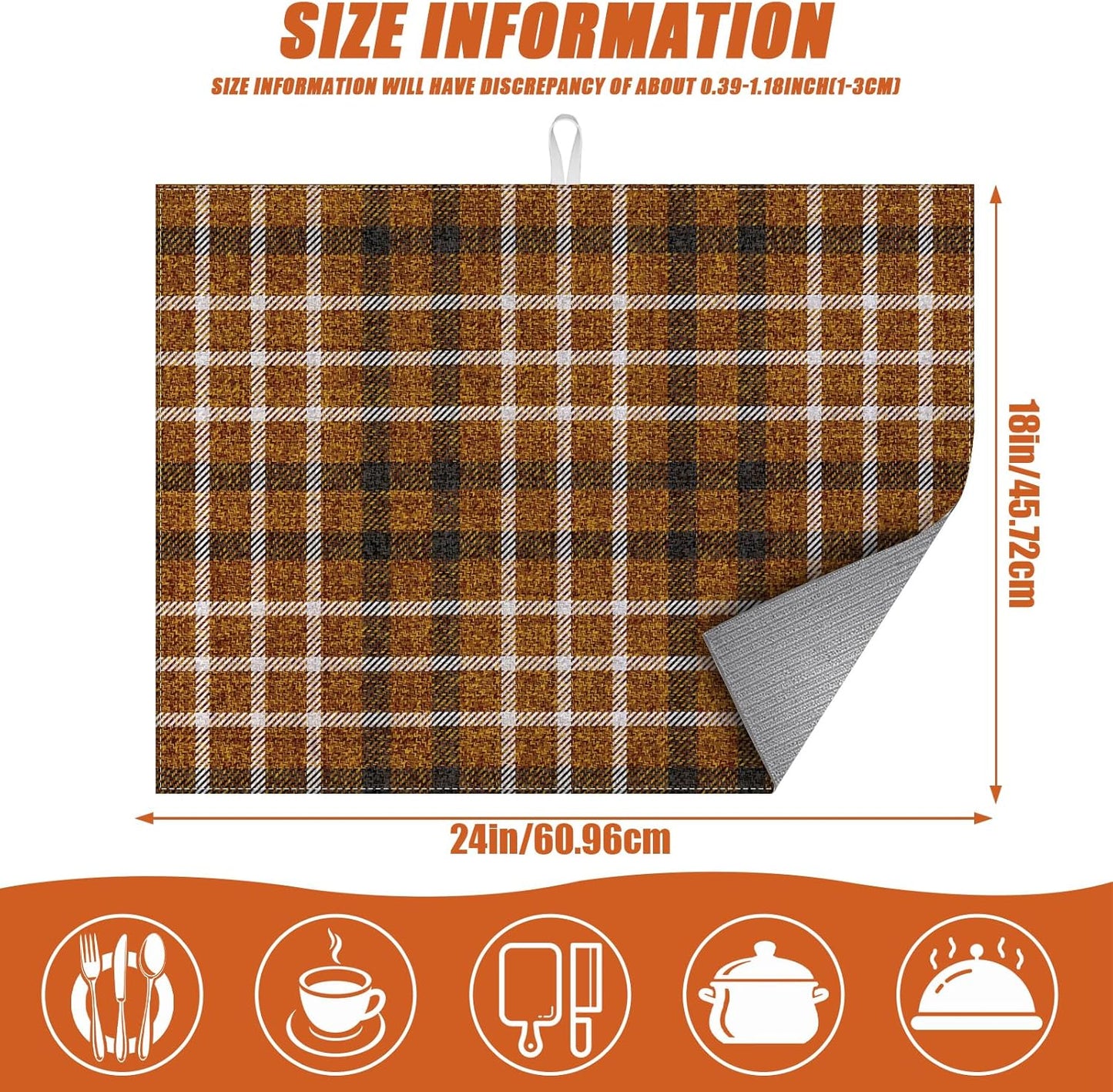 Brown Plaid Dish Drying Mat for Kitchen Counter Microfiber Absorbent Dish Kitchen Drying Mat Draining Reusable Washable for Dishes/Utensils/Counterto