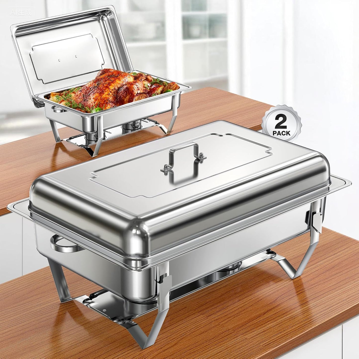 Chafing Dishes for Buffet 9QT 2 Pack, Easy Assembly, Food-Grade Stainless Steel Chafers for Catering w/Rolled Edge Design, Foldable Frame, for Party, Banquet (Full Size Food Pan)