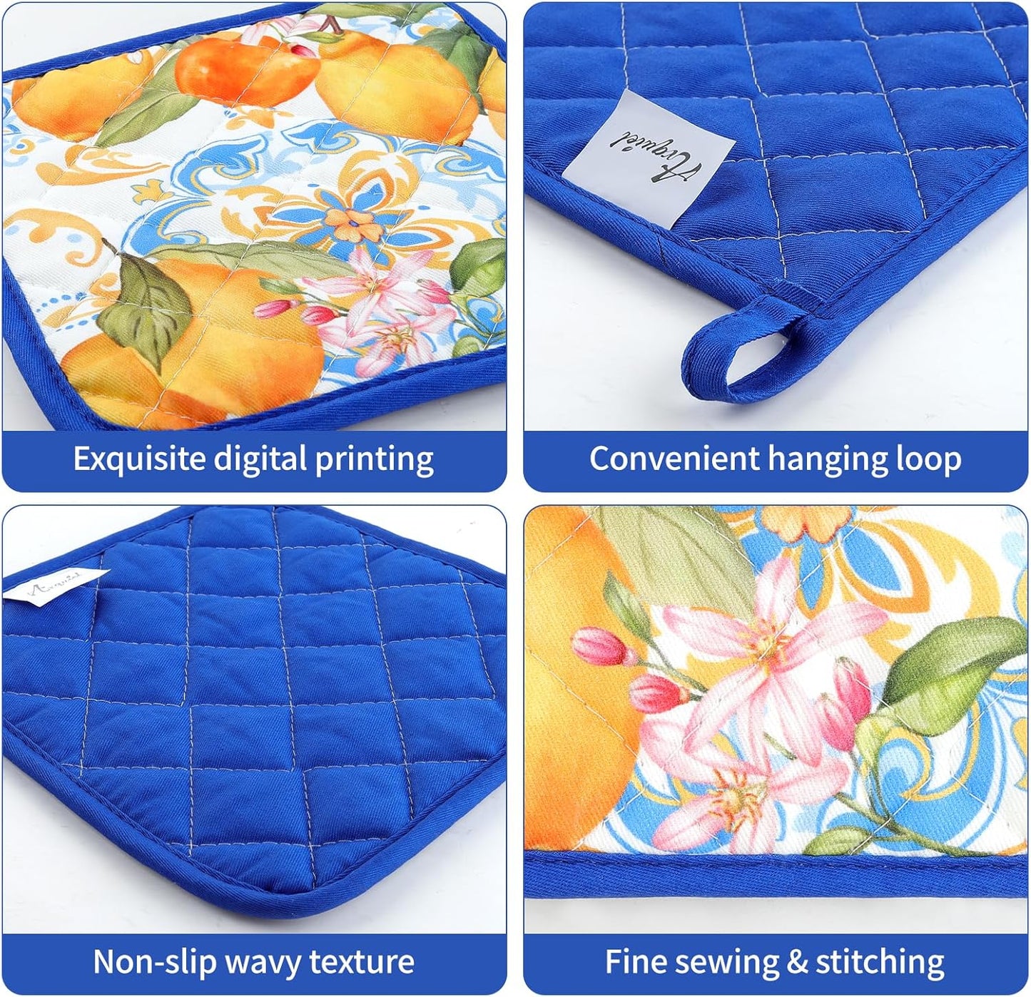 Summer Lemon Oven Mitts and Pot Holders Sets 4Pcs, 100% Cotton Heat Resistant, Extra Long Oven Gloves Potholder for Kitchen Cooking Baking Decoration