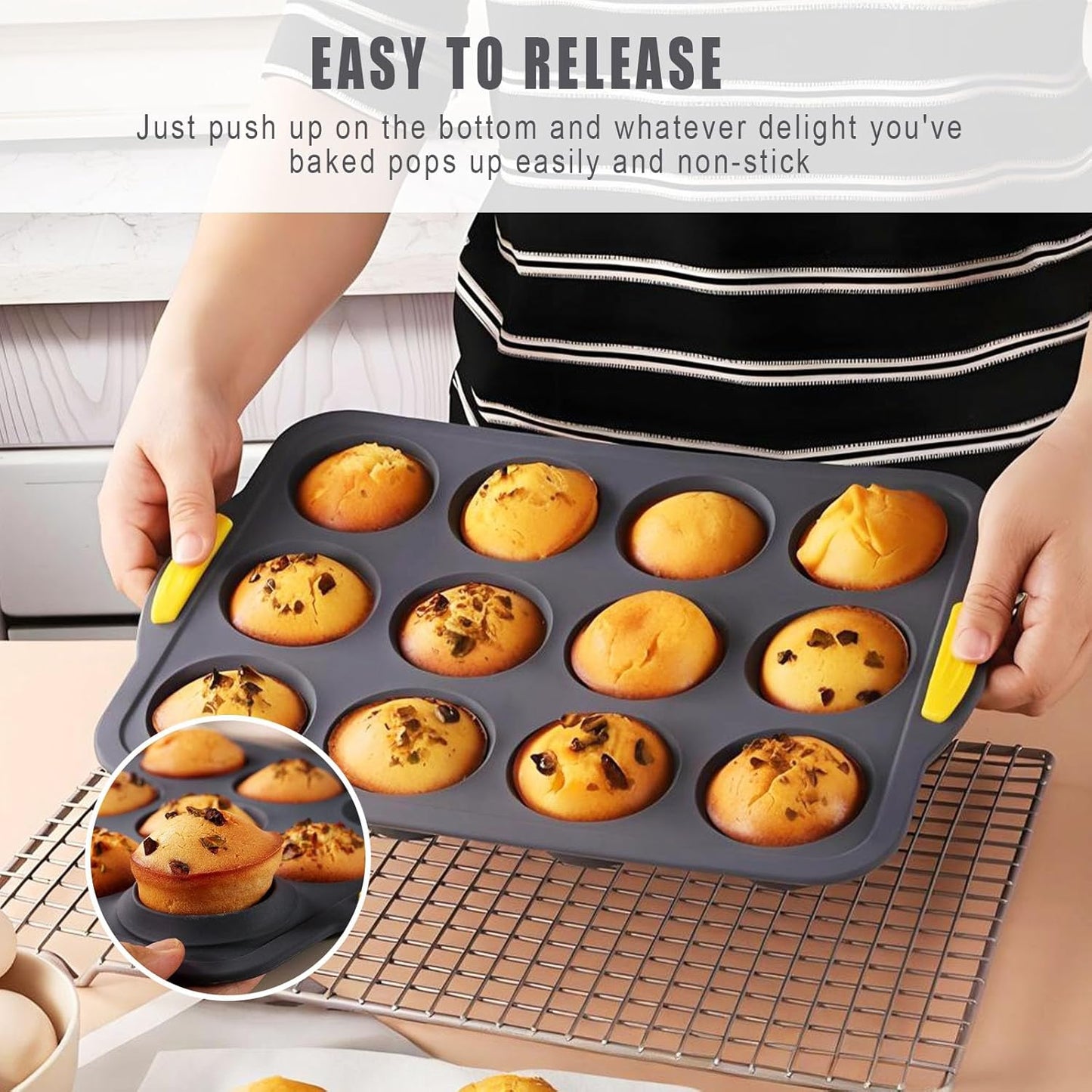Silicone Muffin Pan with Metal Frame, Egg Bite Maker Silicone Molds for Baking, Cupcake Pans 12 Regular Size, Muffin Tins Easy to Pop Nonstick Non Toxic Bakeware for Oven (dark gray)