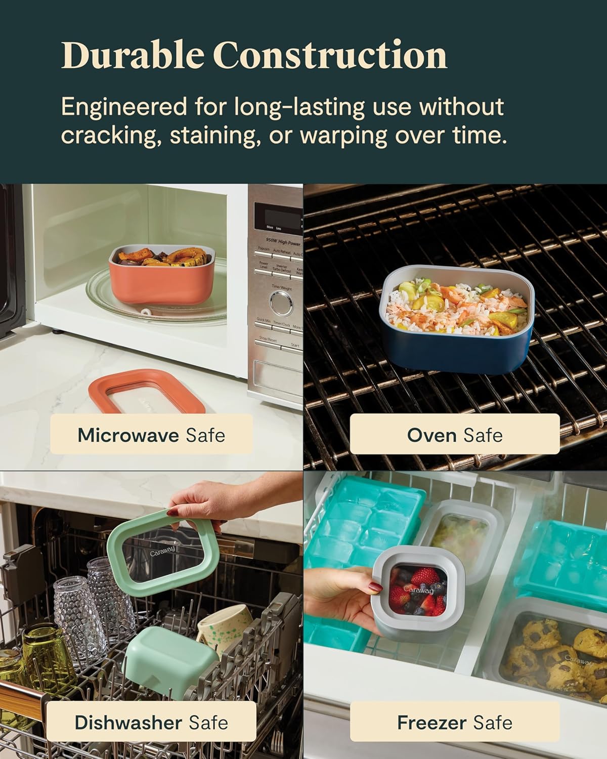 Caraway 6pc Glass Food Storage Set - 2.6 Cup Storage Containers For Food (6) - Non-Toxic Ceramic-Coated Glass - Air Release Technology - Compact & Stackable Design - Mist