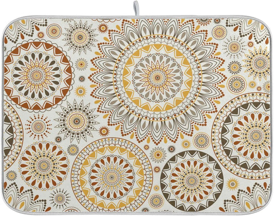 Mandala Ethnic Bohemian Ornament Dish Drying Mat for Kitchen Counter Absorbent Microfiber Drying Pad, Medium 16x18 in, Reversible Drainer Mats