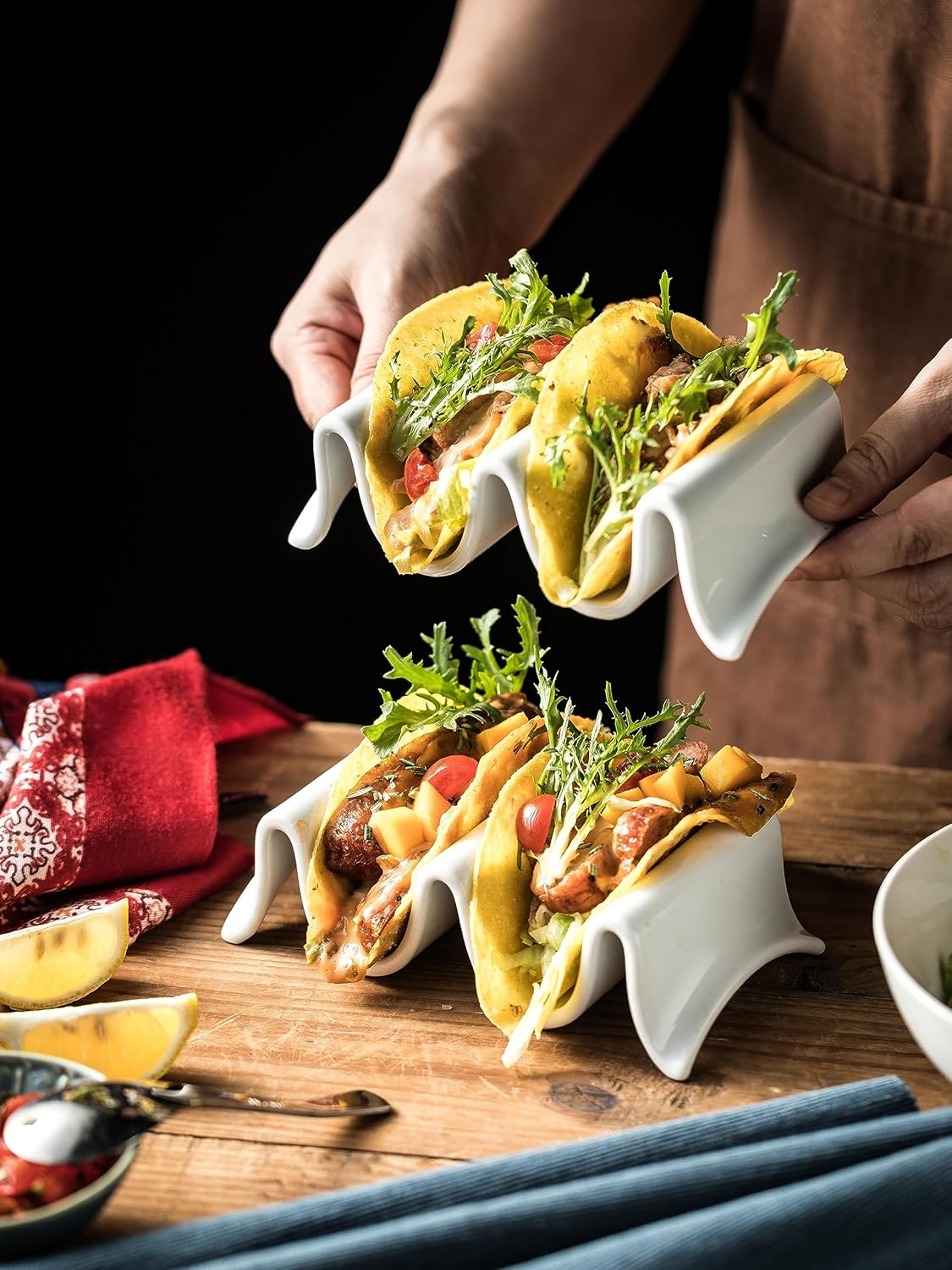 Taco Holder, Porcelain Taco Tray with Handles, Perfect for Keeping Tacos in Place, Serving Dish for Entertraining, Taco Shell Holds 4 Taco, Set of 2