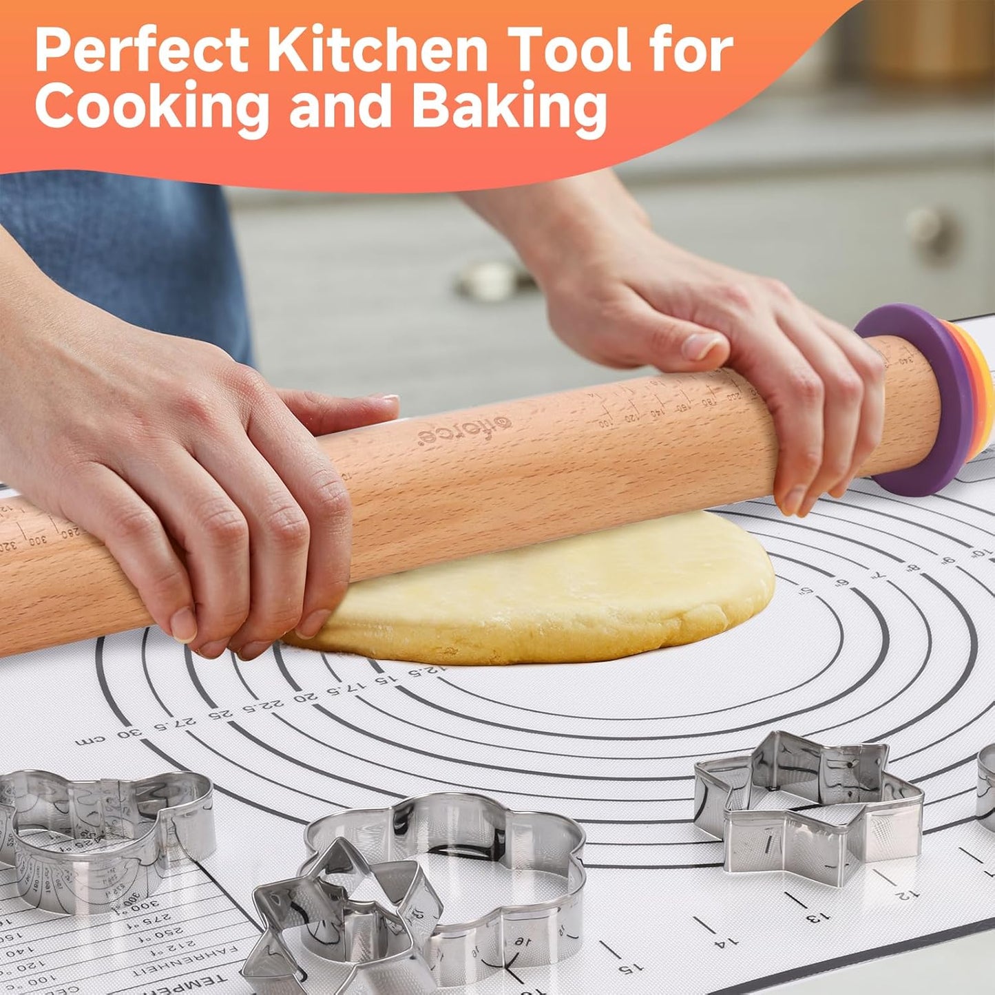 Wooden Rolling Pin with Thickness Rings and Pastry Baking Mat, Pizza, Cookie, Bread, Pie Crusts,Roller Rod for Dough Thickness, 13.6" with 4 Multicolored Thickness Rings&Cookie Molds