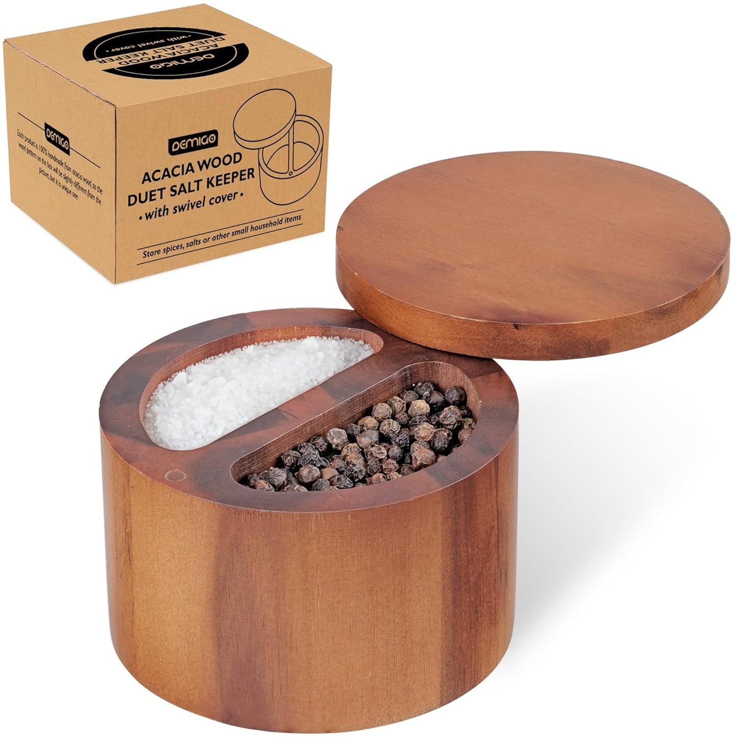 Demigo Duet Salt Cellar, 7.5 Ounces Acacia Salt Keeper Box with Two Compartments Secured by Magnetic & Swivel Lid, Spice Container for Kitchen Countertop Storing Pepper Oregano Powder Cinnamon