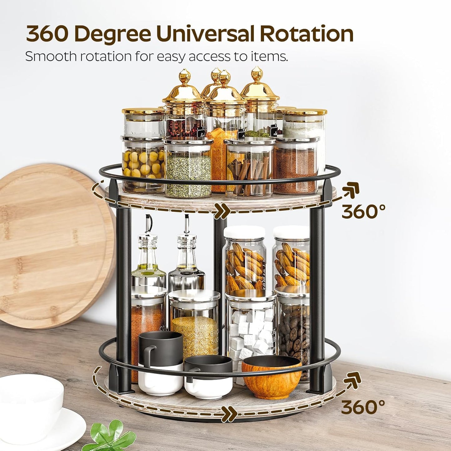 Lazy Susan Organizer, Rotating Spice Rack, 2 Tier Spice Turntable Organizer, Industrial Turntable Spice Holder, for Kitchen Countertop and Cabinet, Compact and Versatile, Greige SR22BG
