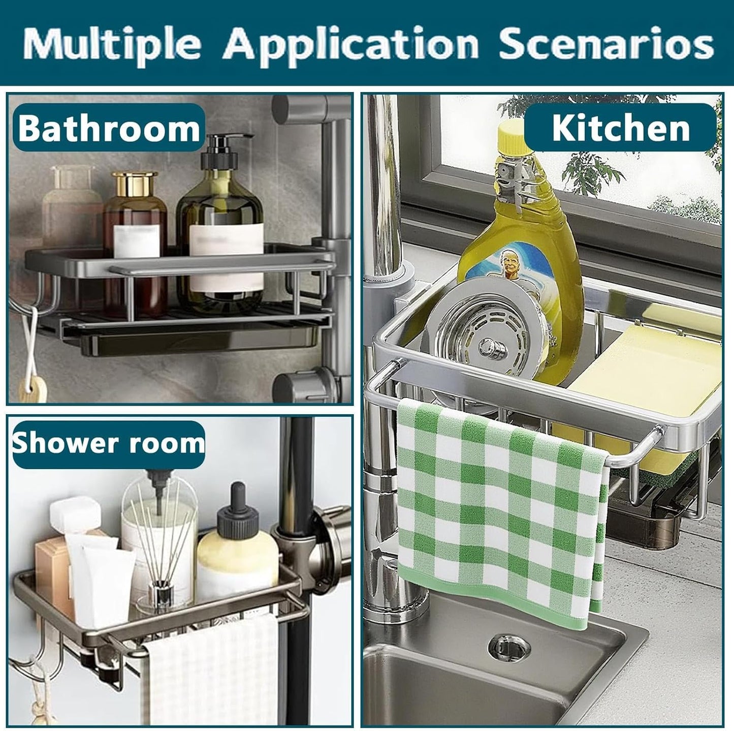 Kitchen Sink Faucet Organizer Rack – Over Faucet Sponge Holder for Kitchen & Bathroom, Aluminum Caddy for Dish Soap, Brush, Cloth, Rustproof Sink Accessories (Right Grey)