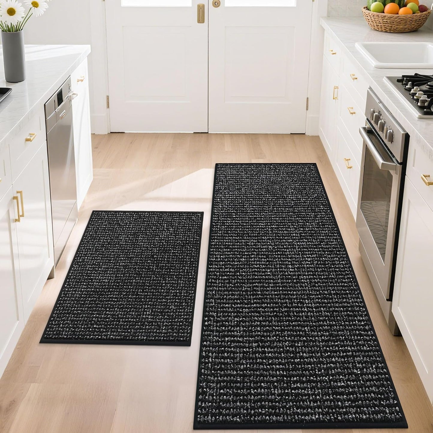 BEQHAUSE Kitchen Rugs and Mats 2PCS, Non-Slip Kitchen Mats for Floor, Absorbent and Stain Resistant Kitchen Runner, Machine Washable Rugs for Kitchen, Laundry & Sink, 20"x32"+20"x48", Black