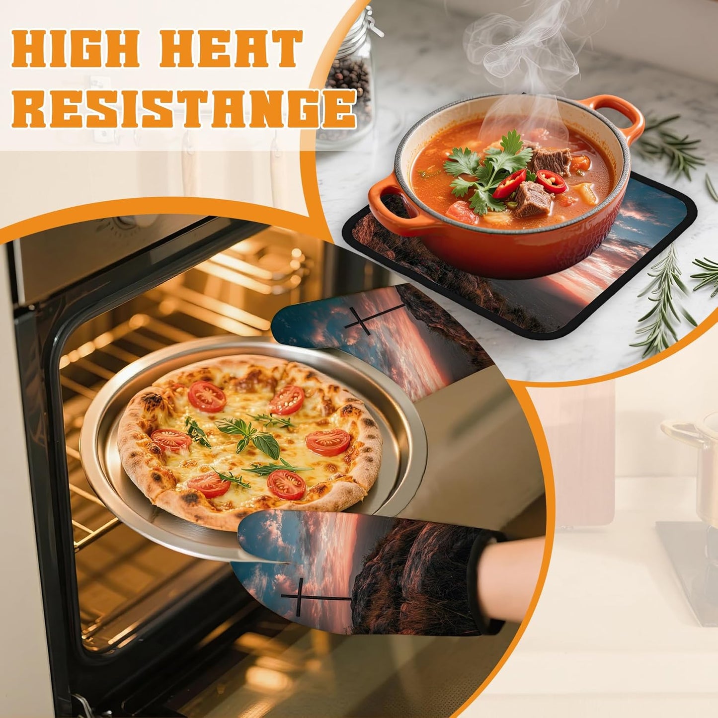 Cross Oven Mitts and Pot Holders Set,Sunset Mountain Kitchen Decor Heat Resistant Non Slip Hot Pads and Oven mitt for Chef Cooking Baking BBQ Mom Girl Gifts(4 Piece Set)