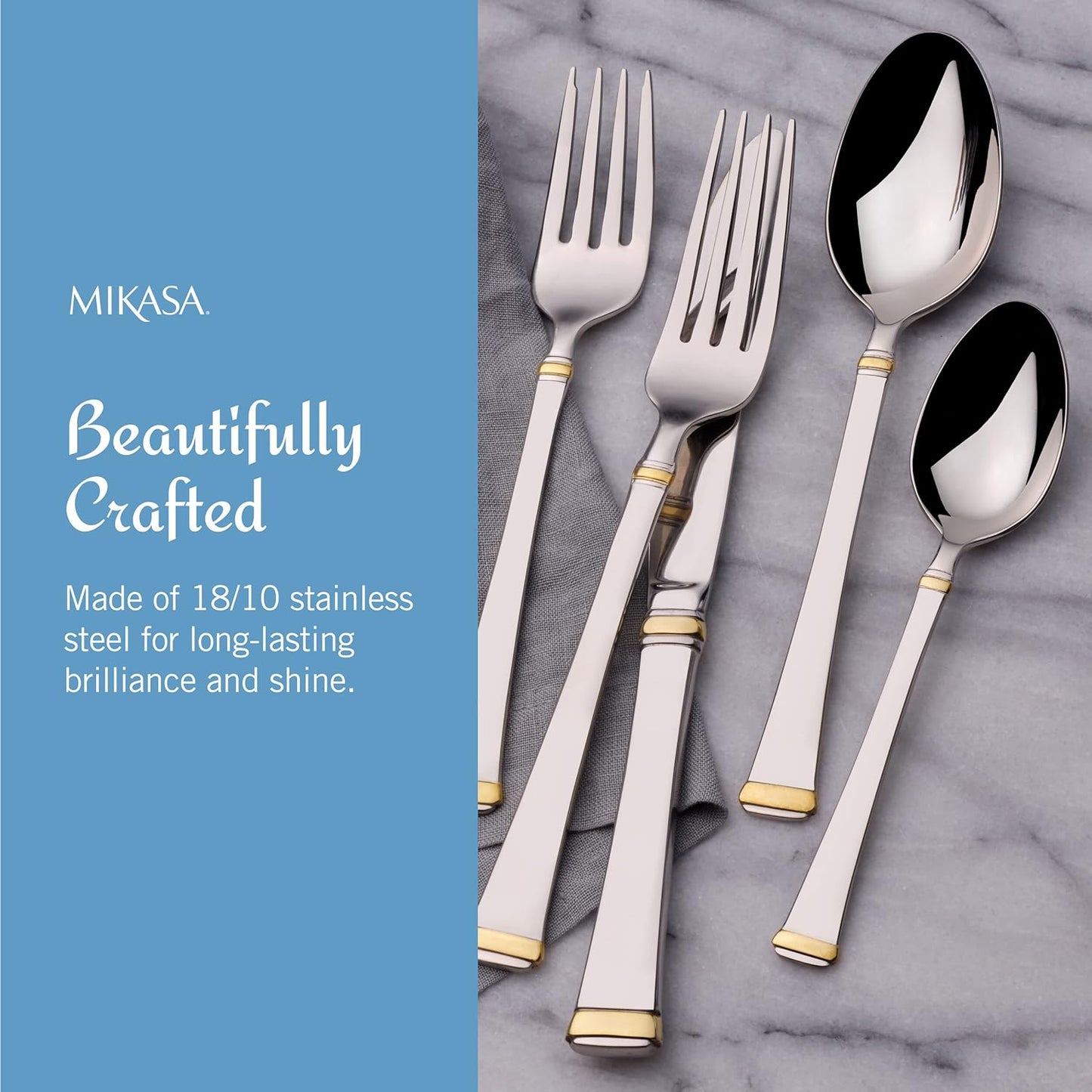 Mikasa Gold Accent Harmony Flatware Set for 12, 65 Piece 18/10 Stainless Steel Silverware with Gold-Trimmed Handles and Serving Utensils, Elegant Dinnerware Service