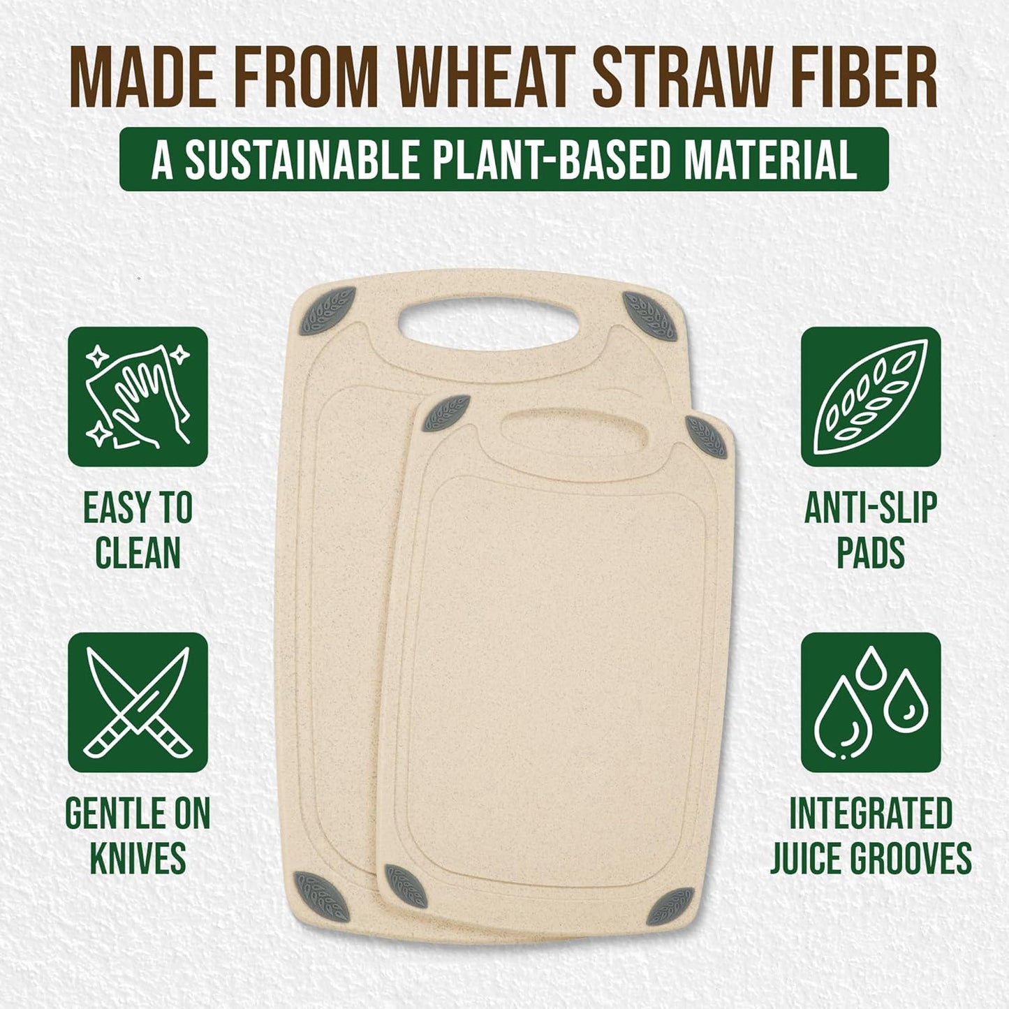 2-Piece Reversible Cutting Board Set Made from Natural Food Grade Wheat Straw Material - Eco-Conscious Alternative to Plastic - Gluten Free & BPA Free Chopping Boards for Kitchen
