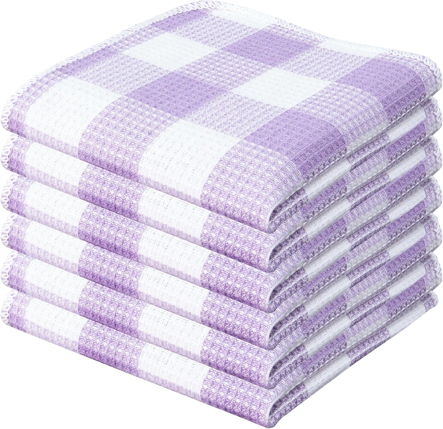 Waffle Weave Plaid Dish Cloths, 100% Cotton - 12 x 12 Inches, Ultra Soft Absorbent Quick Drying Dish Towels Buffalo Check Dish Rags for Kitchen, 6 Pack - Spring Summer - Lavender and White