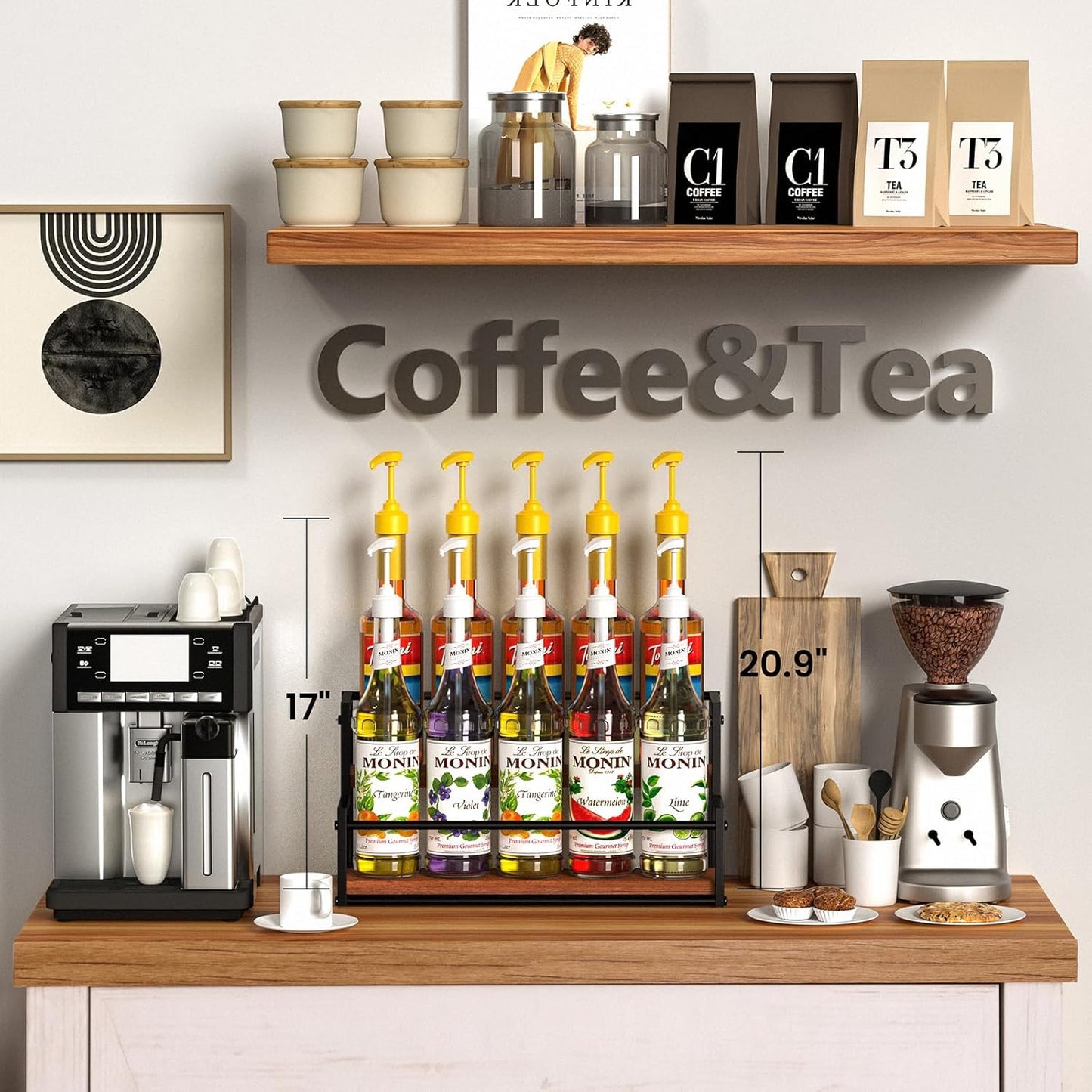 THYGIFTREE Coffee Syrup Rack Organizer 2-Tier 10 Syrup Bottles Holder Stand for Coffee Bar Storage Shelves for Syrup, Wine, Dressing for Kitchen Coffee Station