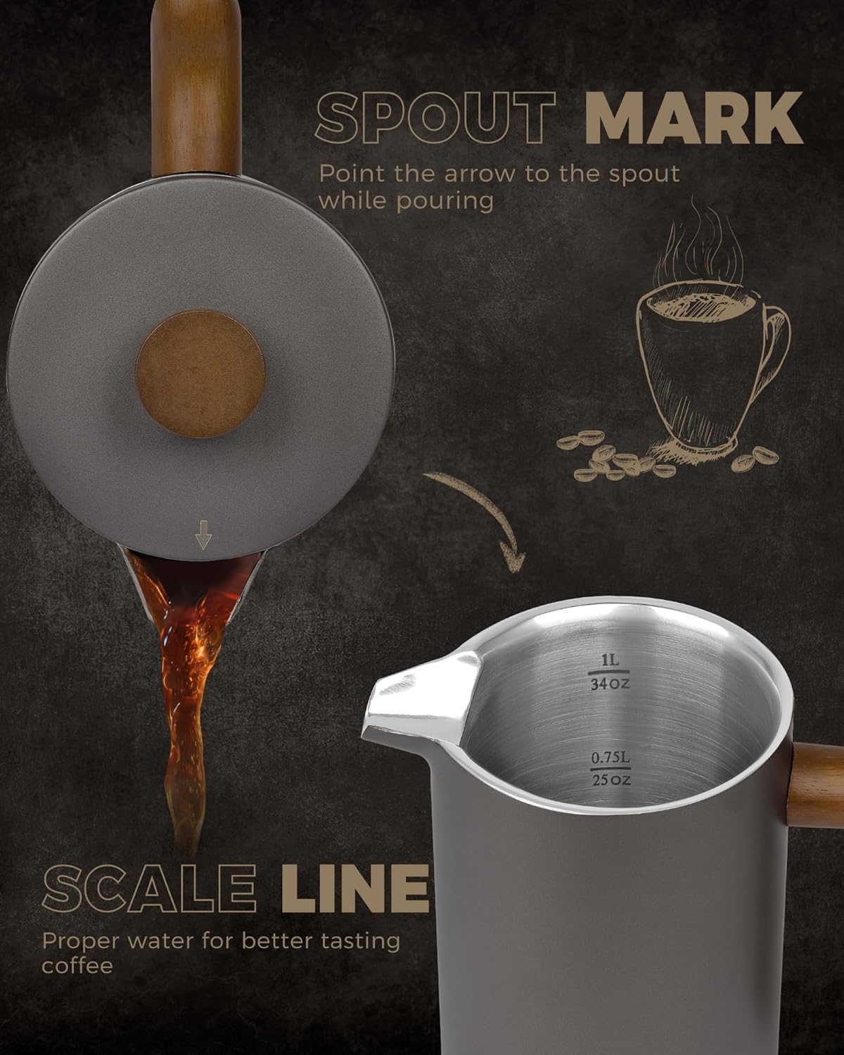 POLIVIAR French Press Coffee Maker, 34 Ounce Coffee Press with Real Wood Handle, Double Wall Insulation & Dual-Filter Screen, Food Grade Stainless Steel for Good Coffee and Tea (Cliff)