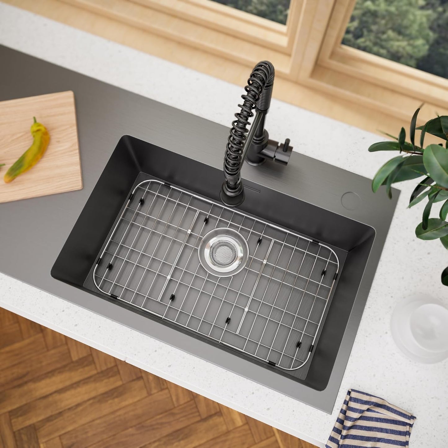 iPEGTOP Sink Bottom Grid, 3-Piece Stainless Steel Sink Protector 23" x 13" Rear Drain Hole with Corner Radius, Sink Grate Rack for Bottom of Kitchen Sink Single Bowl with Hole Cover